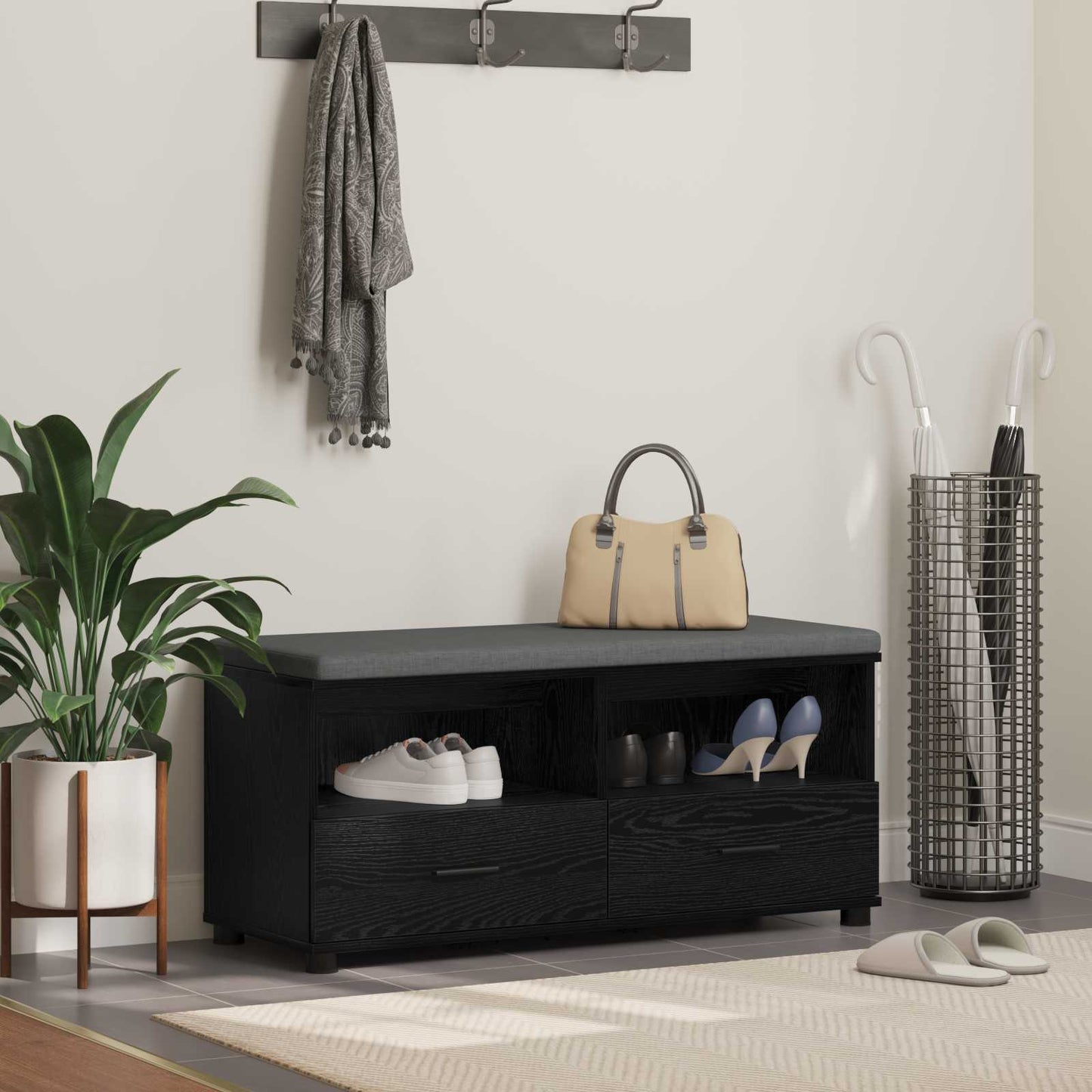 Hall Bench with Cushion with Drawer Black Oak 100 x 38 x 46 cm