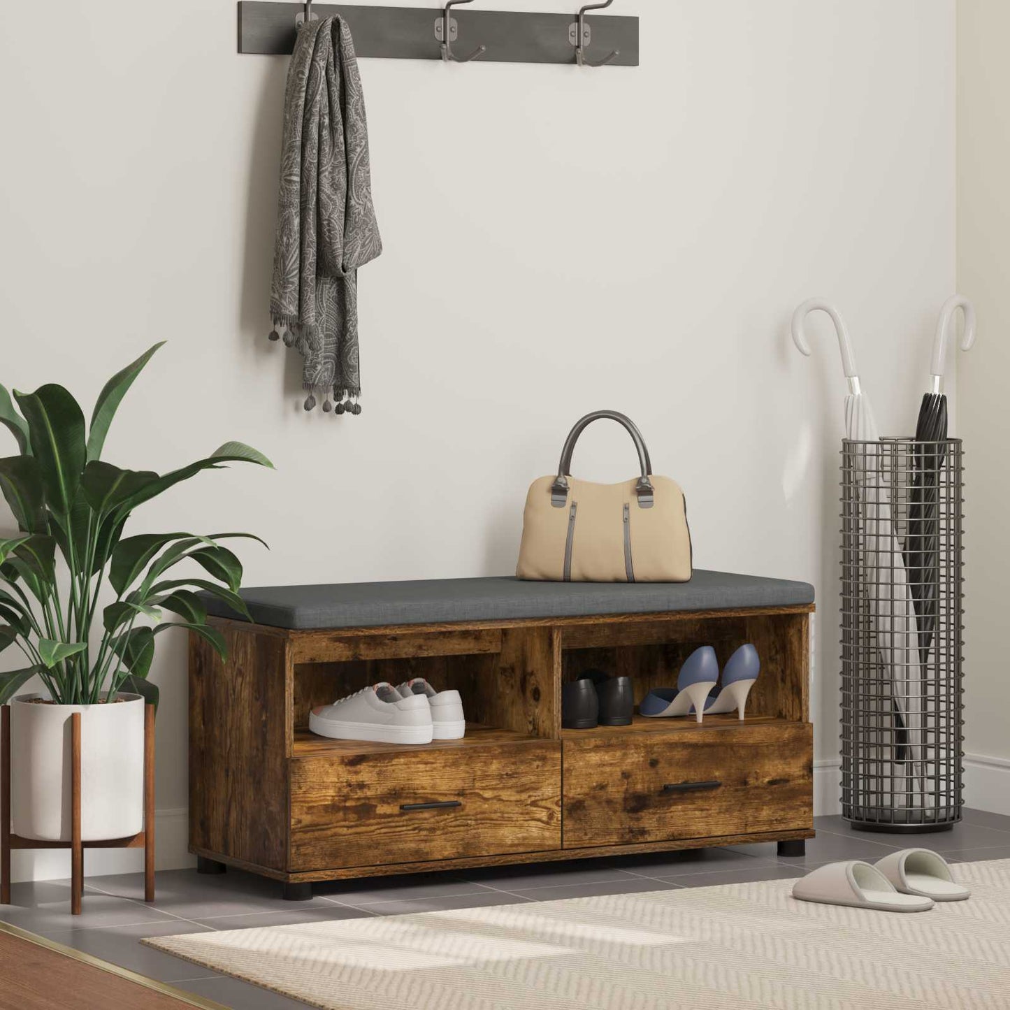 Hall Bench with Cushion with Drawer Smoked Oak 100 x 38 x 46 cm
