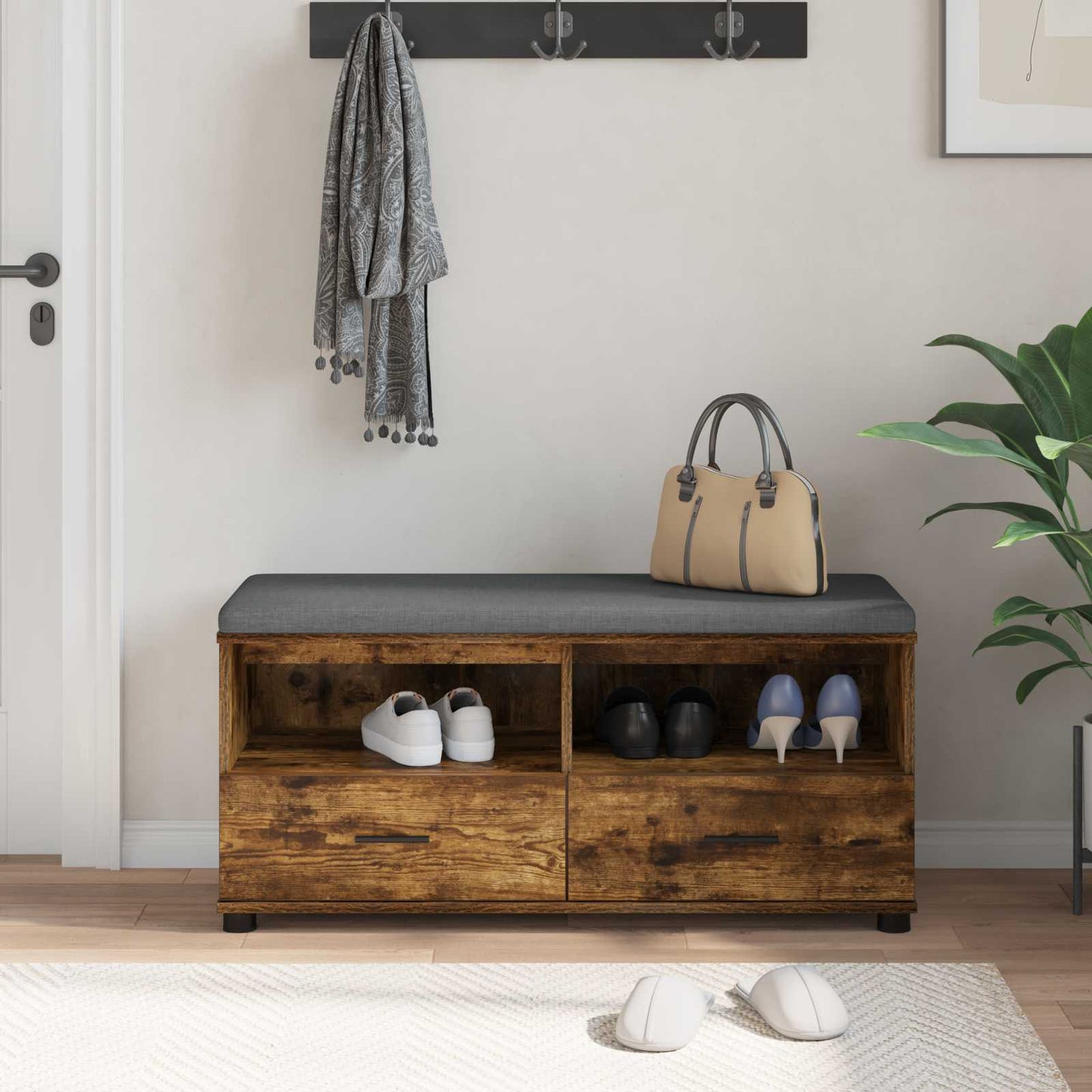 Hall Bench with Cushion with Drawer Smoked Oak 100 x 38 x 46 cm