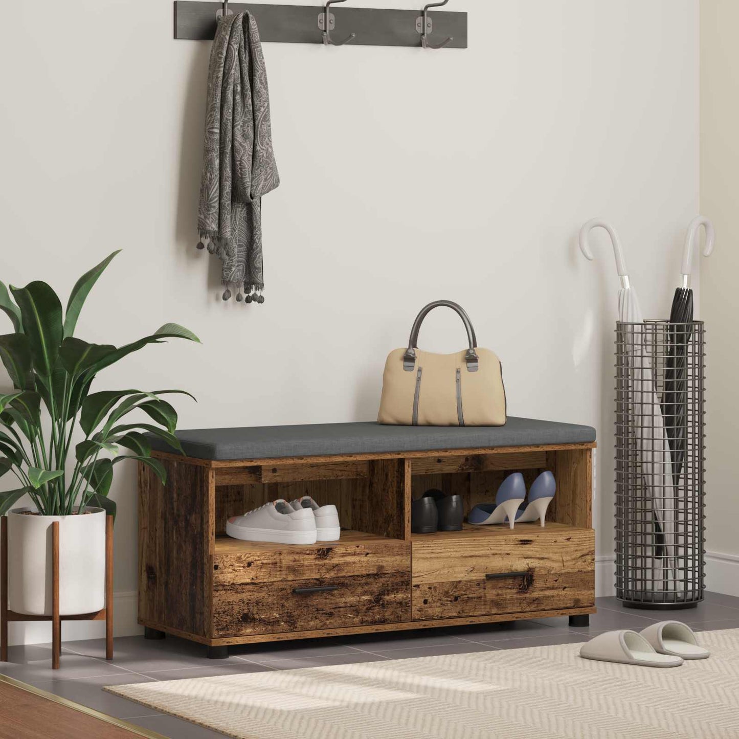 Hall Bench Old Wood 100 x 38 x 46 cm Engineered Wood and Fabric