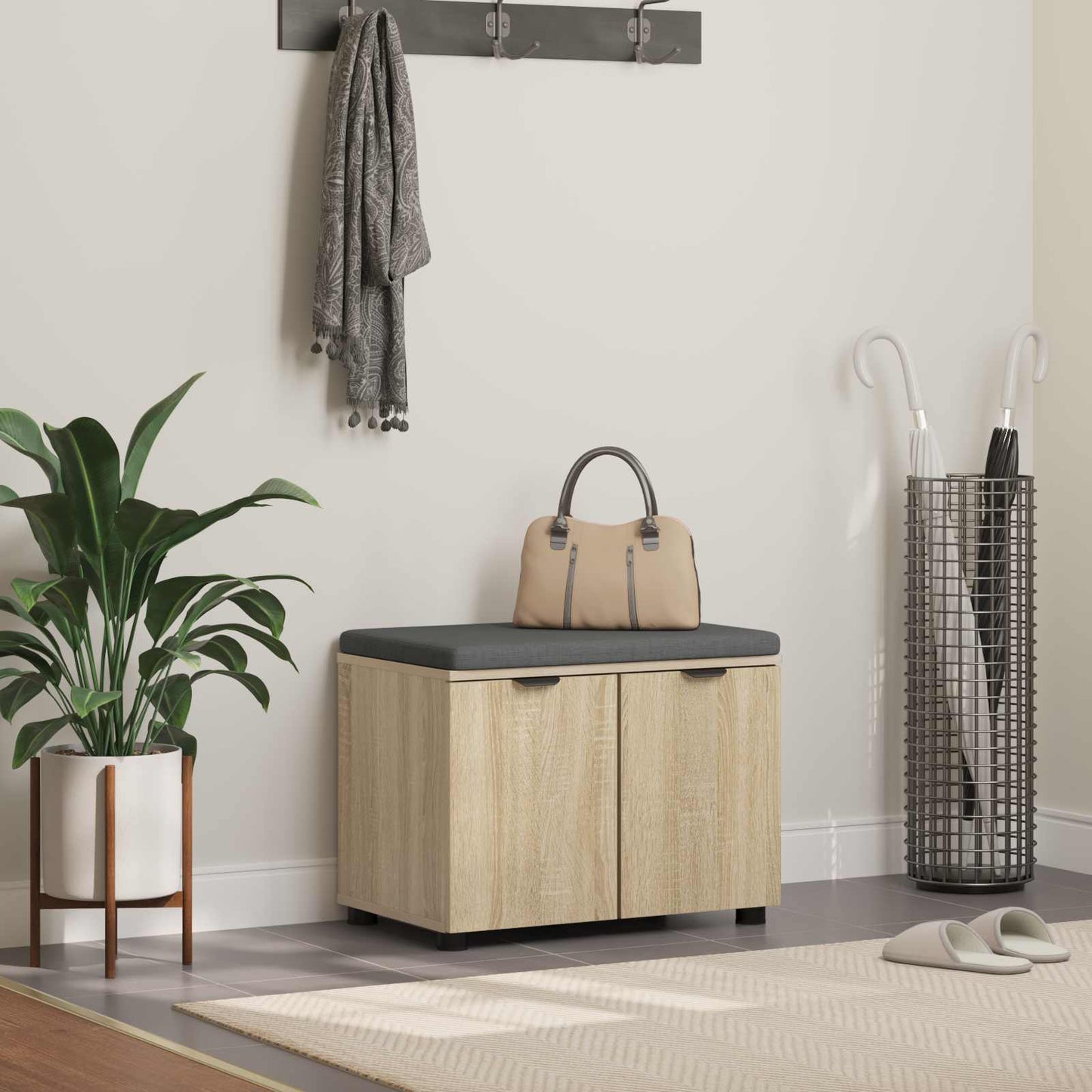 Hall Bench with Cushion with Shelf Sonoma Oak 60 x 38 x 46 cm