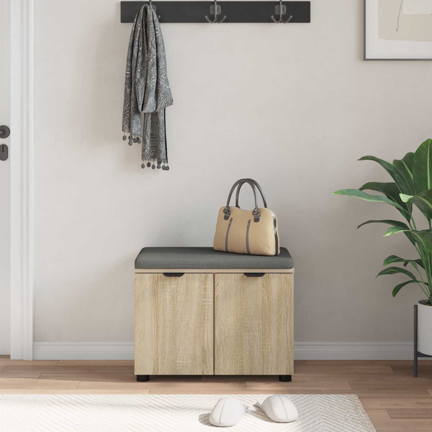 Hall Bench with Cushion with Shelf Sonoma Oak 60 x 38 x 46 cm