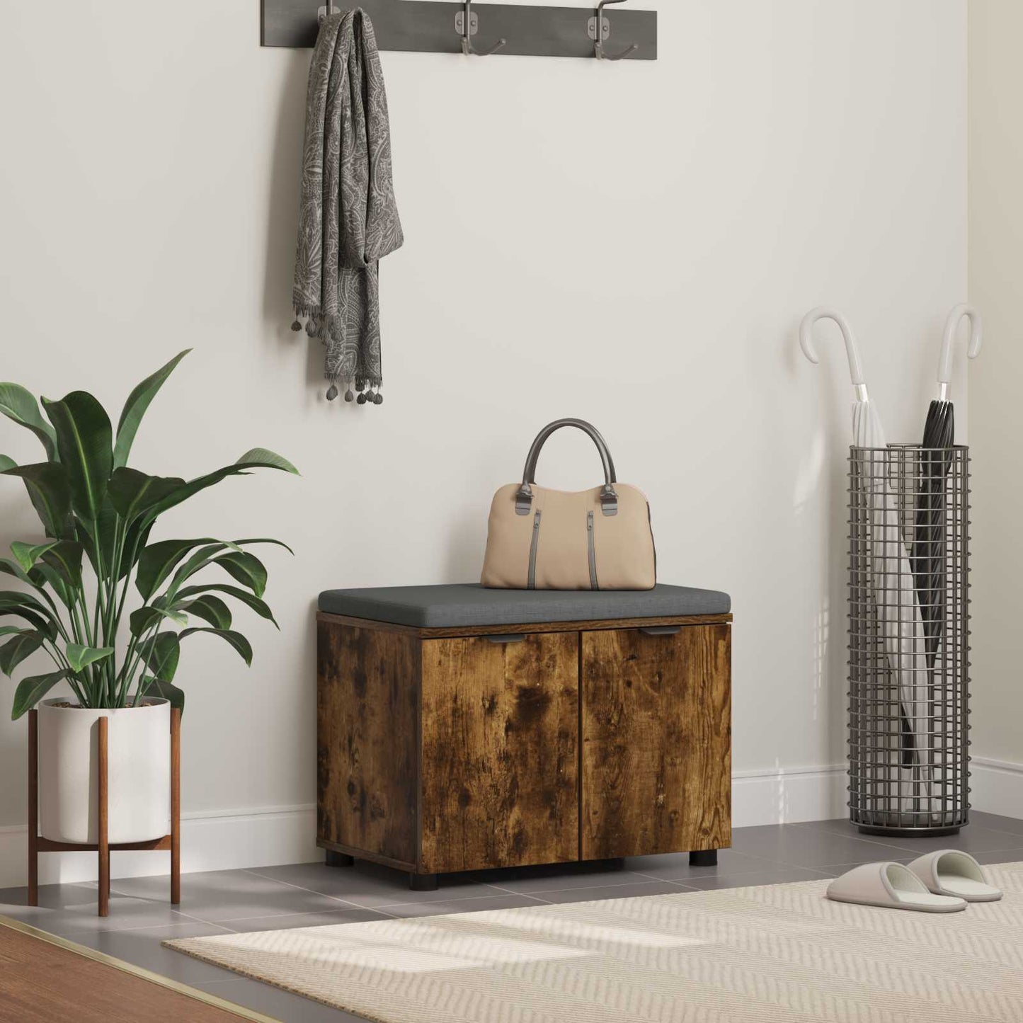 Hall Bench with Cushion with Shelf Smoked Oak 60 x 38 x 46 cm