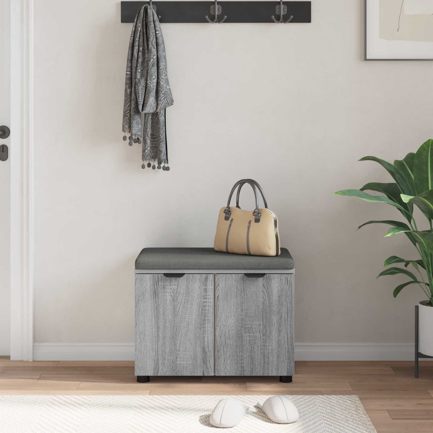 Hall Bench with Cushion with Shelf Grey Sonoma 60 x 38 x 46 cm