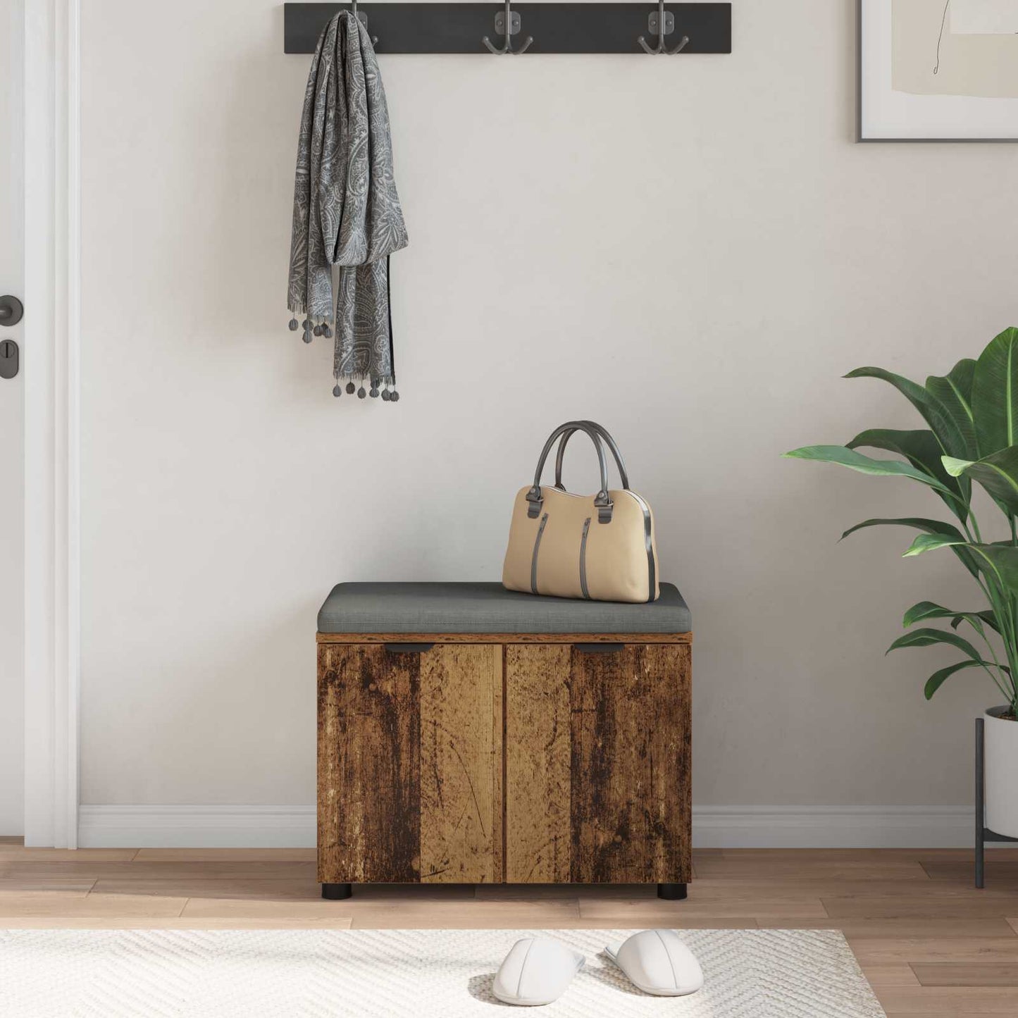 Hall Bench Old Wood 60 x 38 x 46 cm Engineered Wood and Fabric