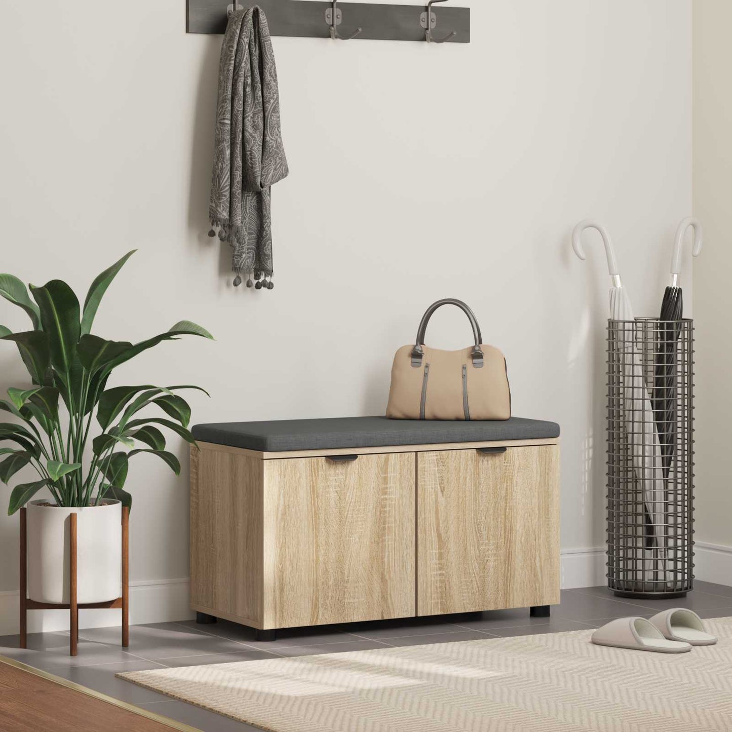 Hall Bench with Cushion with Shelf Sonoma Oak 80 x 38 x 46 cm
