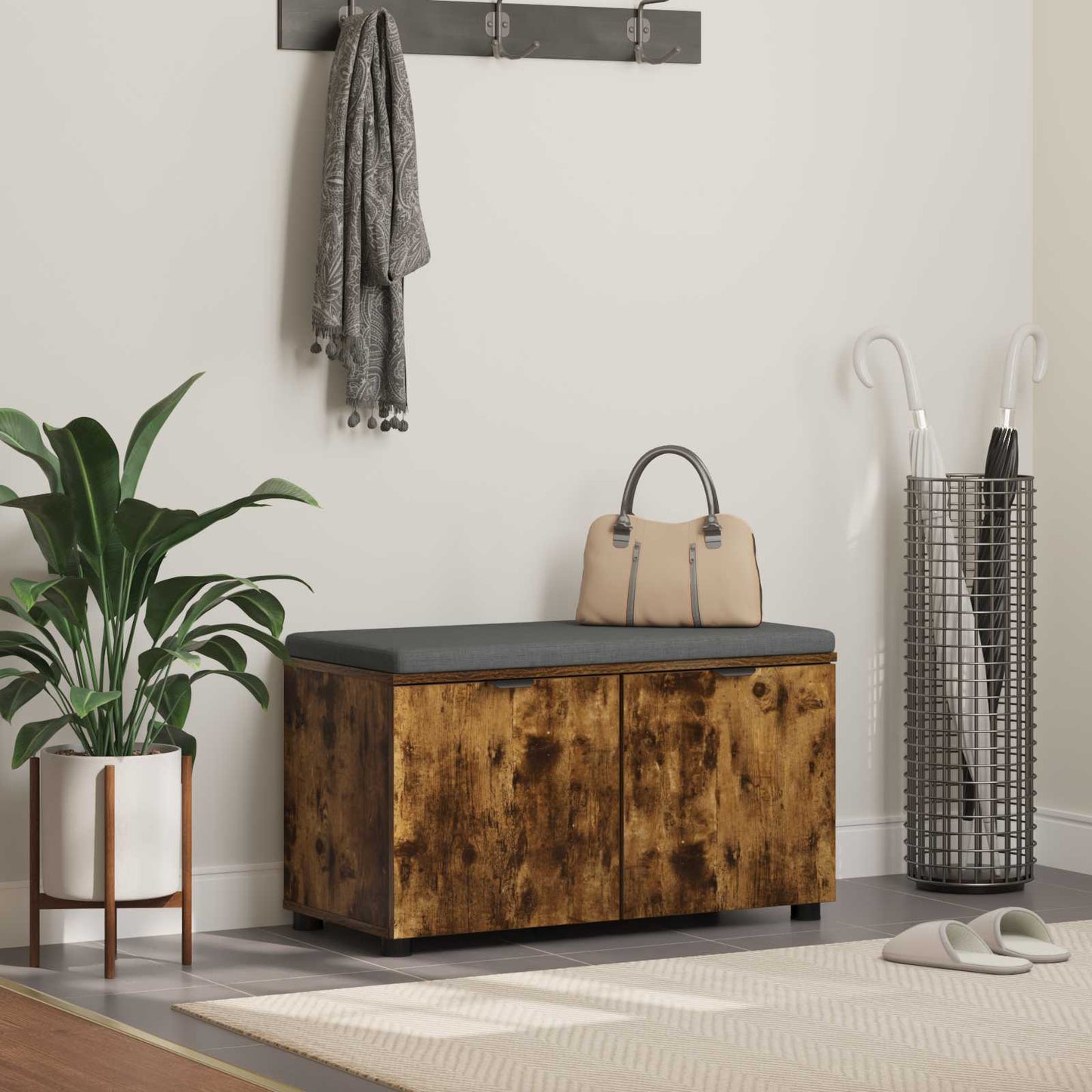 Hall Bench with Cushion with Shelf Smoked Oak 80 x 38 x 46 cm