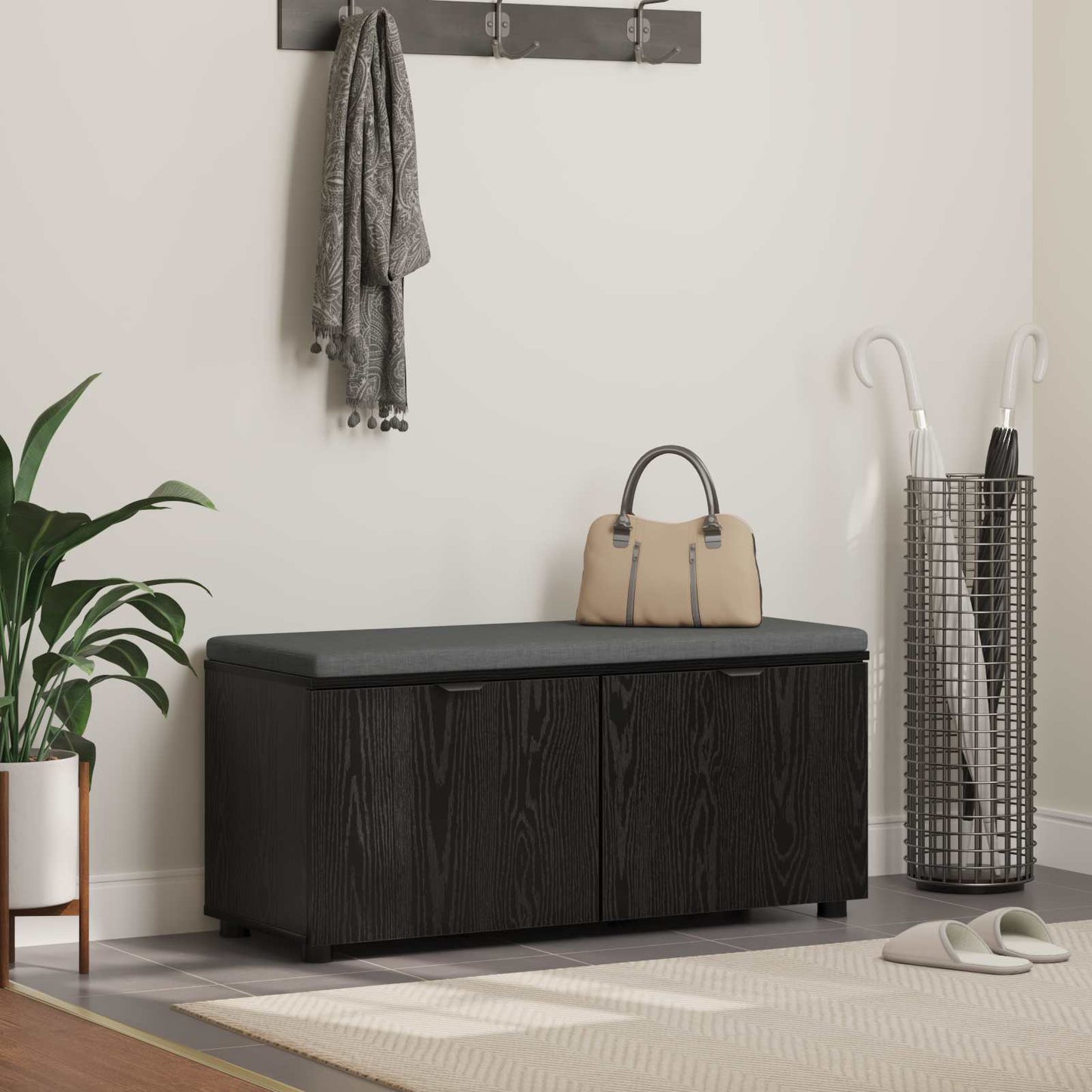 Hall Bench with Cushion with Shelf Black Oak 100 x 38 x 46 cm