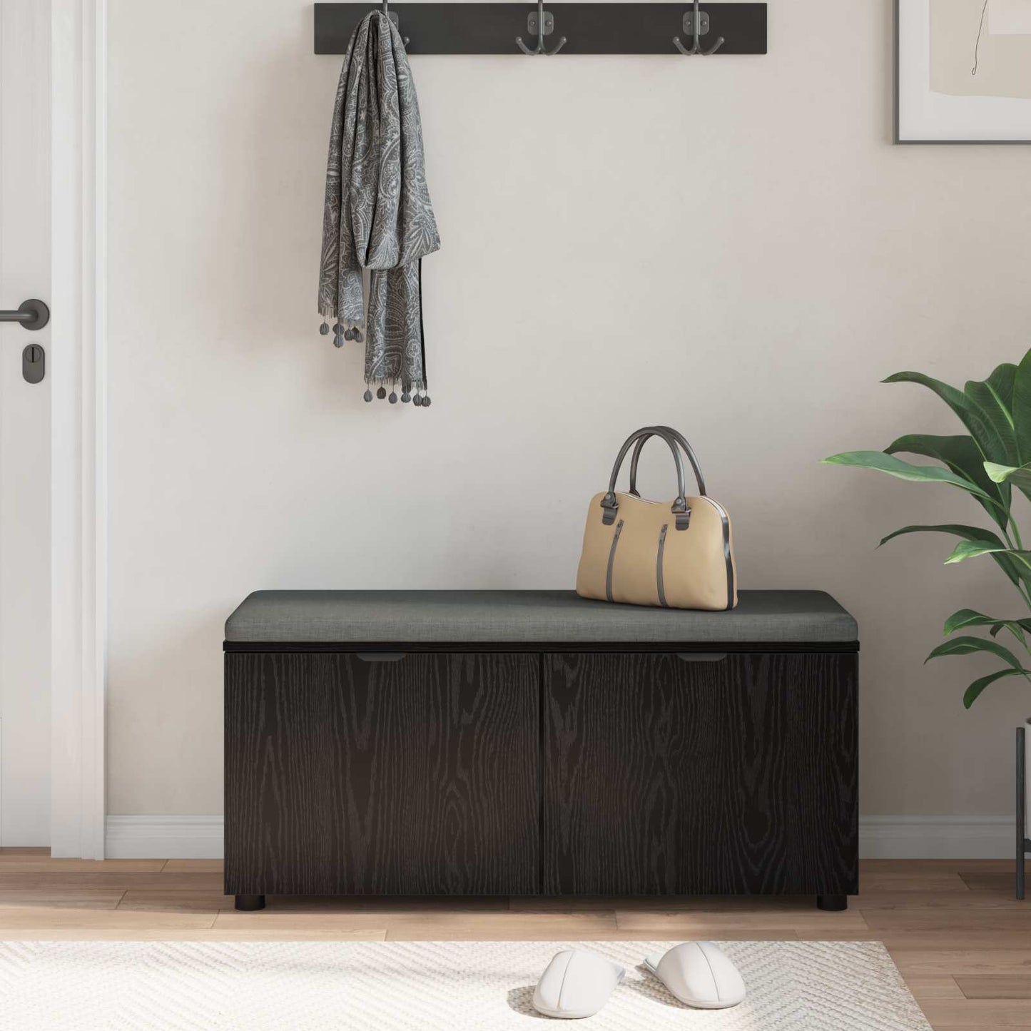 Hall Bench with Cushion with Shelf Black Oak 100 x 38 x 46 cm