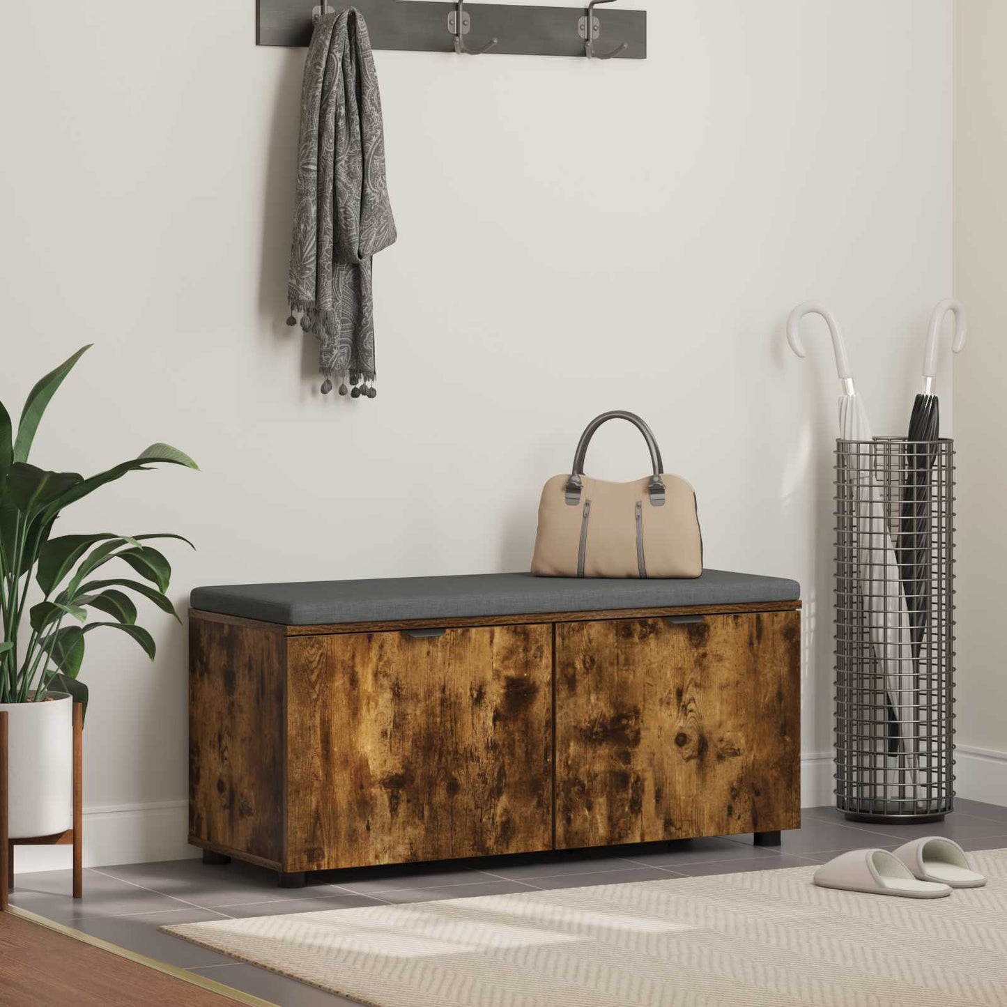 Hall Bench with Cushion with Shelf Smoked Oak 100 x 38 x 46 cm