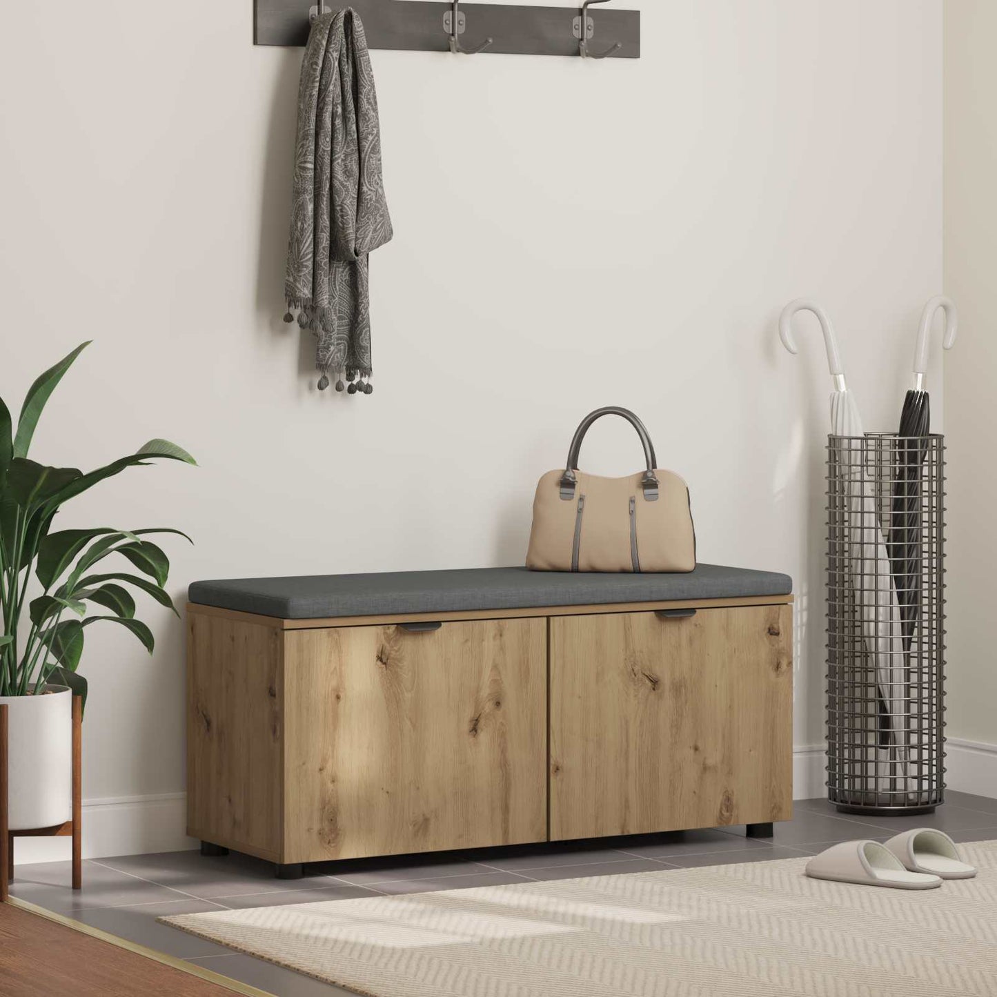 Hall Bench with Cushion with Shelf Artisan Oak 100 x 38 x 46 cm