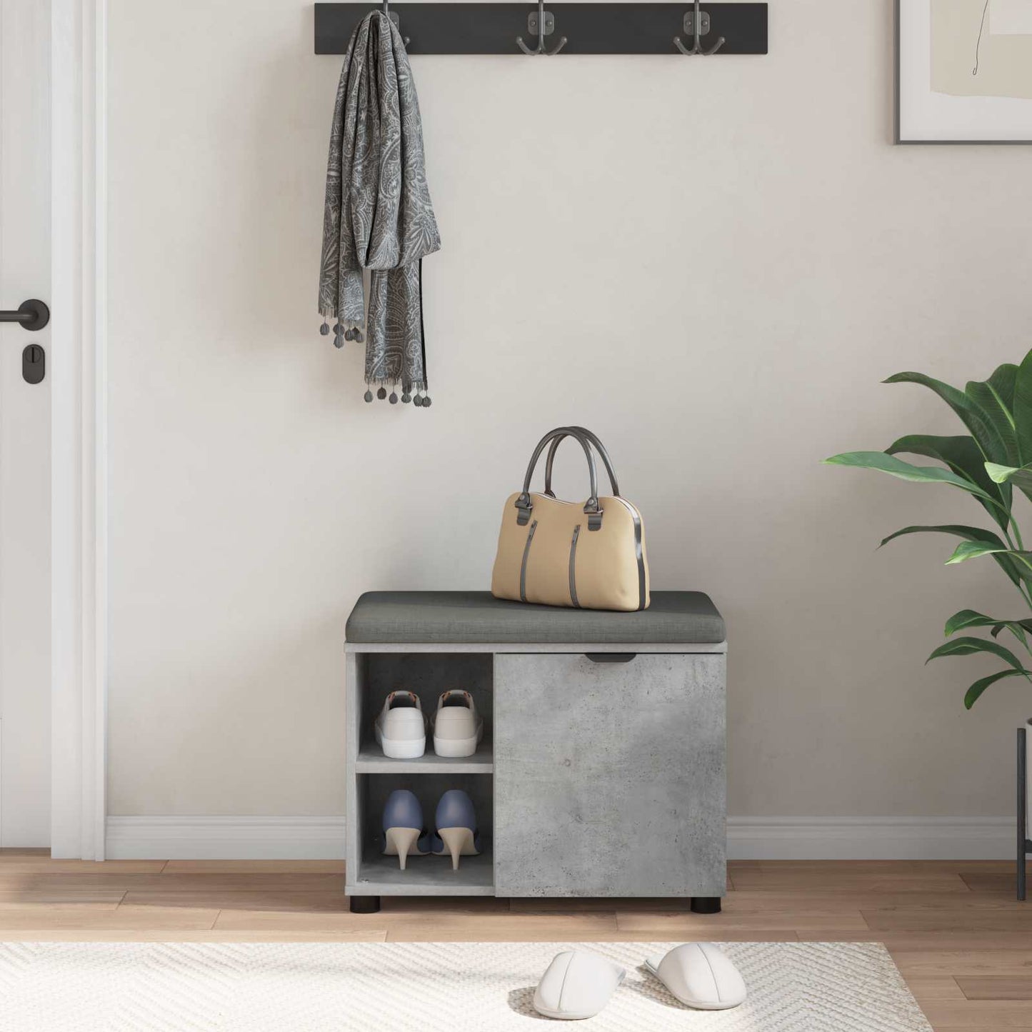 Hall Bench with Cushion with Door Concrete Grey 60 x 38 x 46 cm