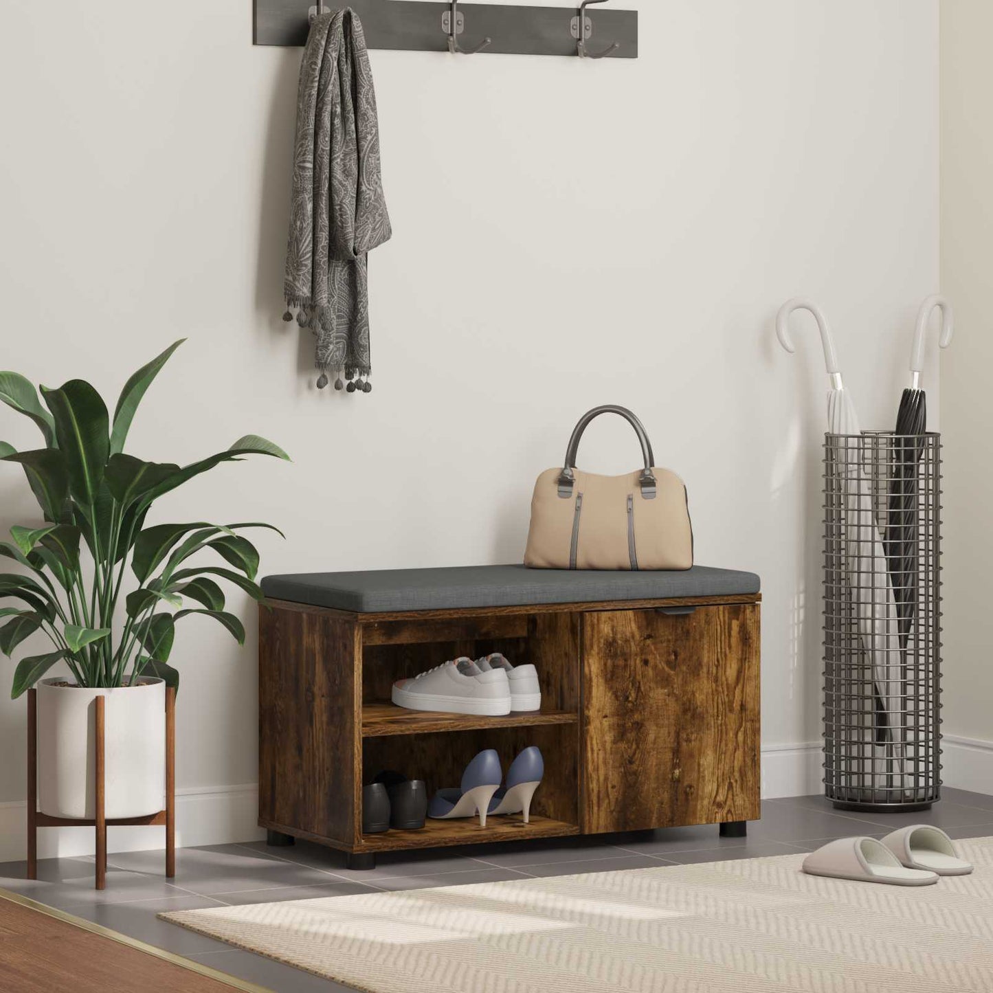 Hall Bench with Cushion with Shelf Smoked Oak 80 x 38 x 46 cm