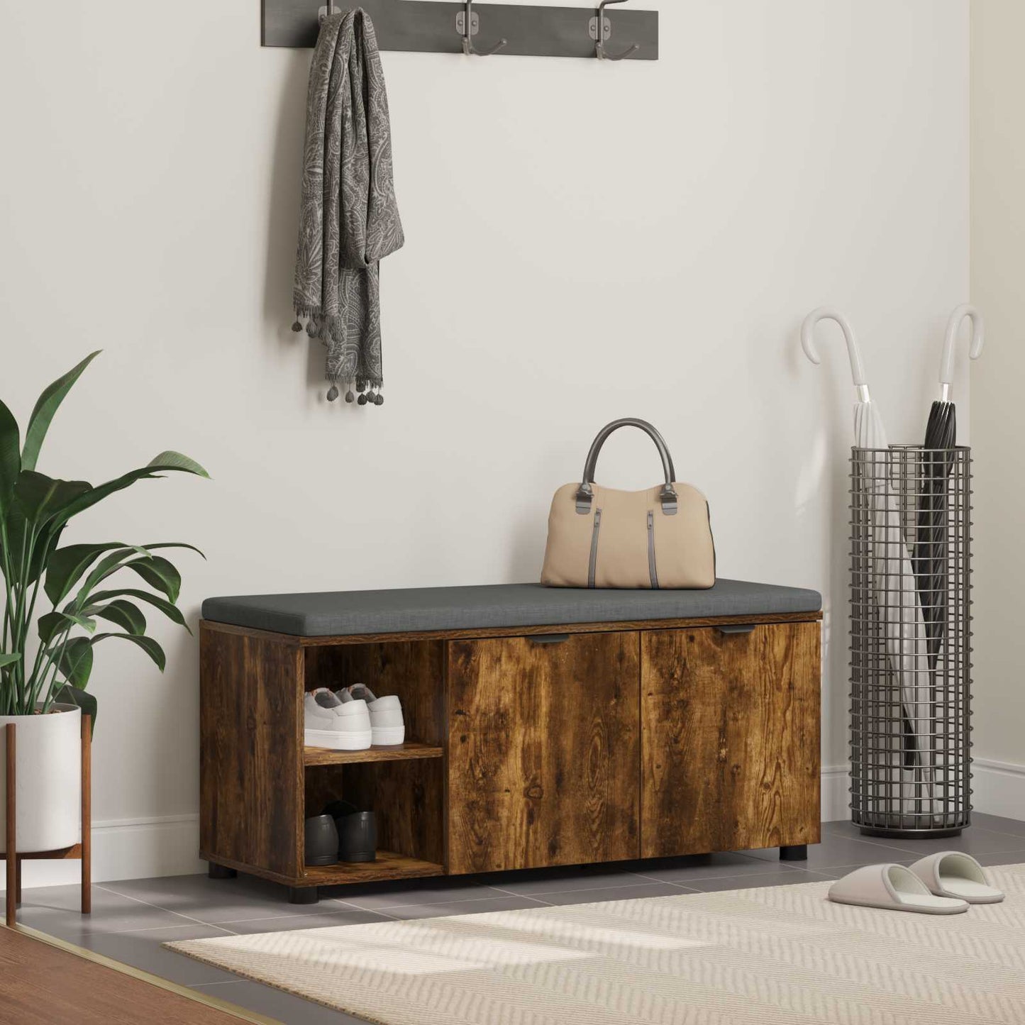 Hall Bench with Cushion with Shelf Smoked Oak 100 x 38 x 46 cm
