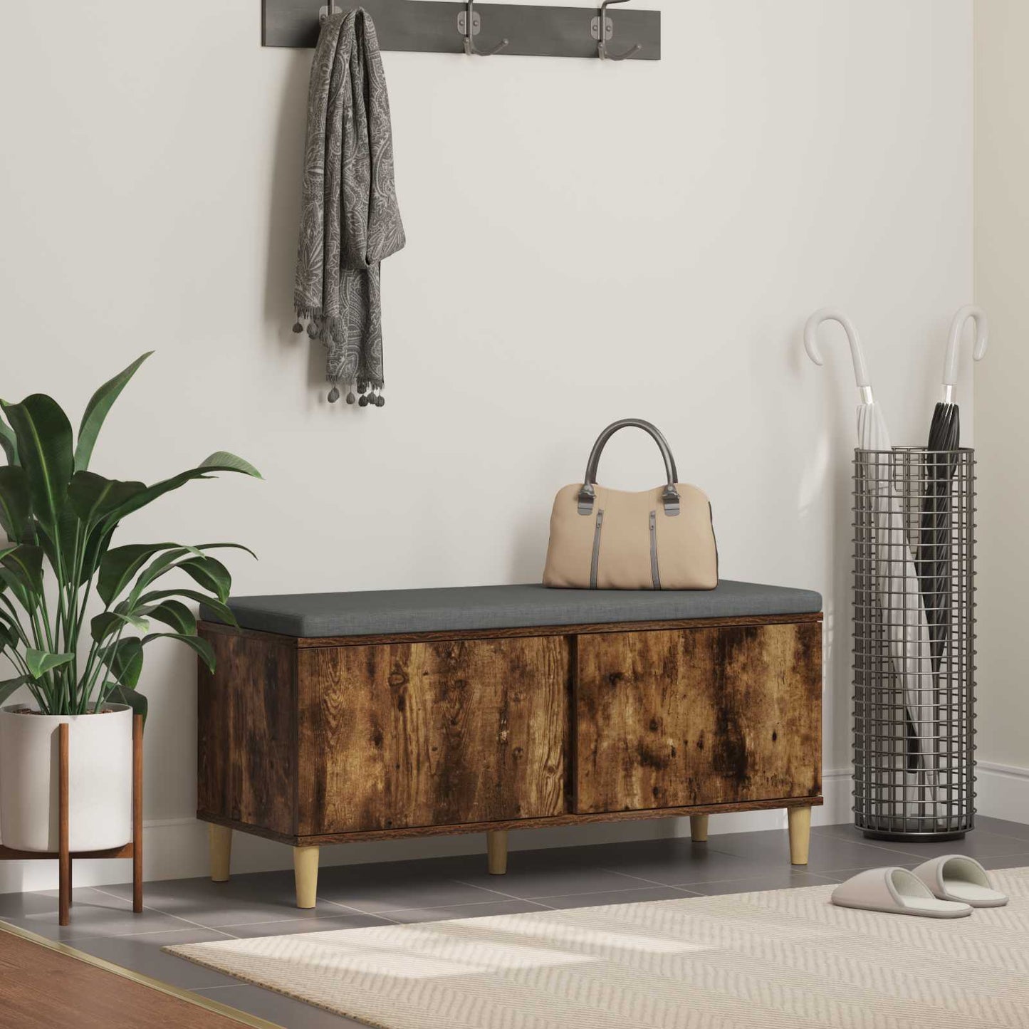 Hall Bench with Cushion with Door Smoked Oak 100 x 38 x 46 cm