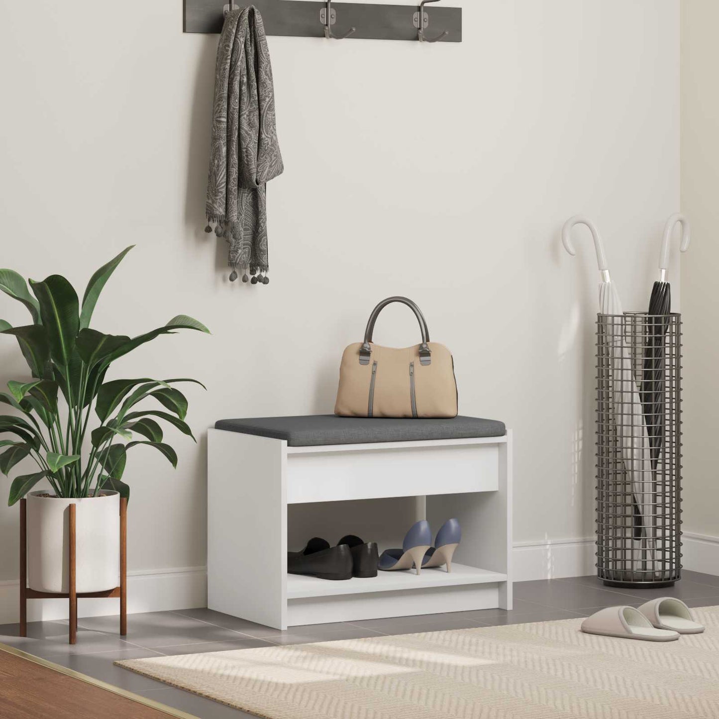 Hall Bench White 63 x 38 x 45 cm Engineered Wood and Fabric