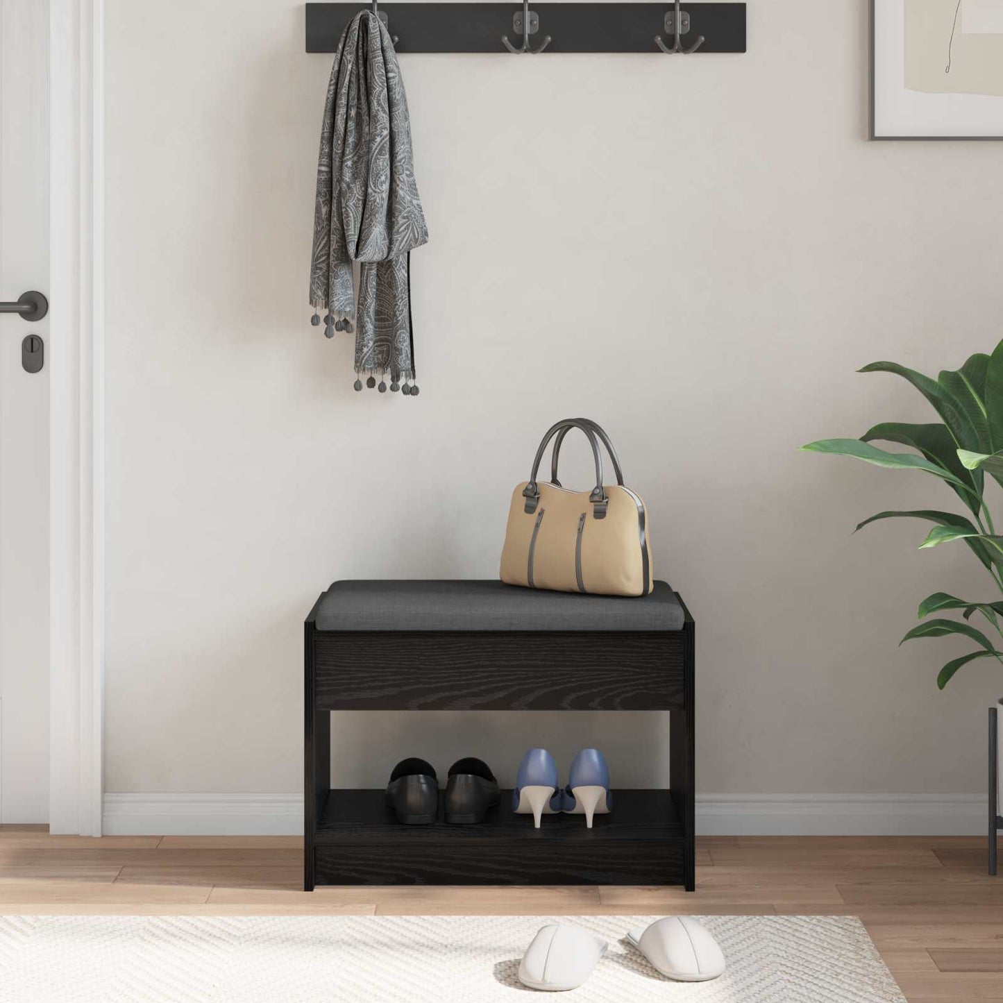Hall Bench Black Oak 63 x 38 x 45 cm Engineered Wood and Fabric