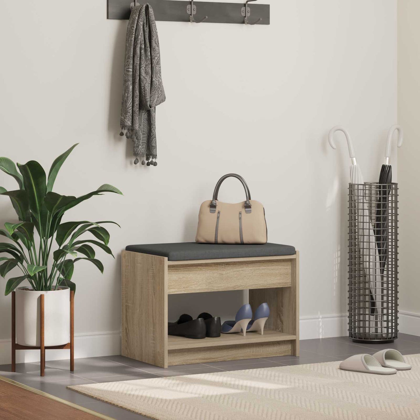 Hall Bench with Cushion with Shelf Sonoma Oak 63 x 38 x 45 cm