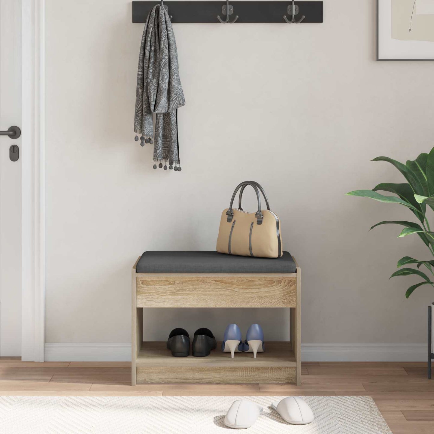 Hall Bench with Cushion with Shelf Sonoma Oak 63 x 38 x 45 cm