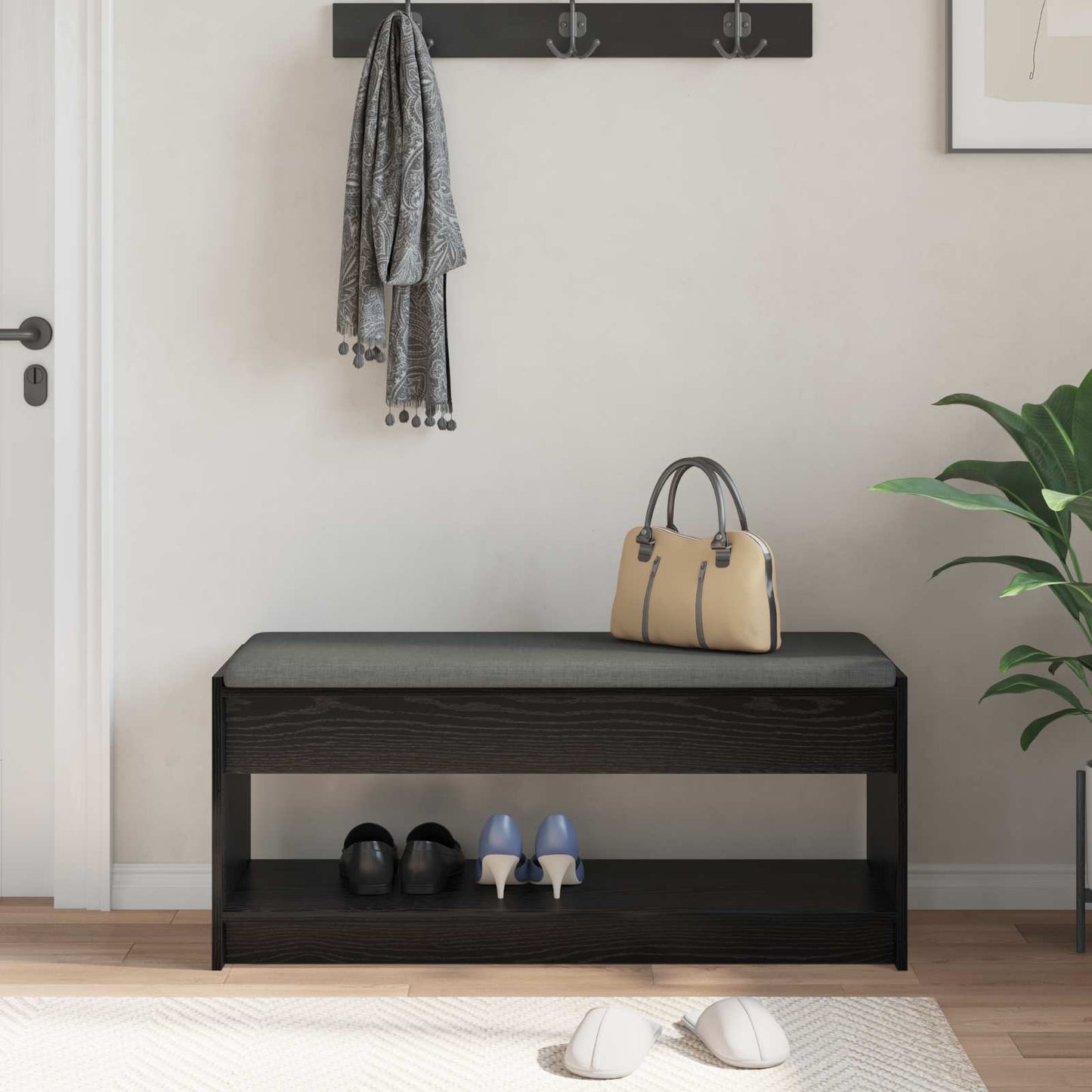 Hall Bench with Cushion with Shelf Black Oak 103 x 38 x 45 cm