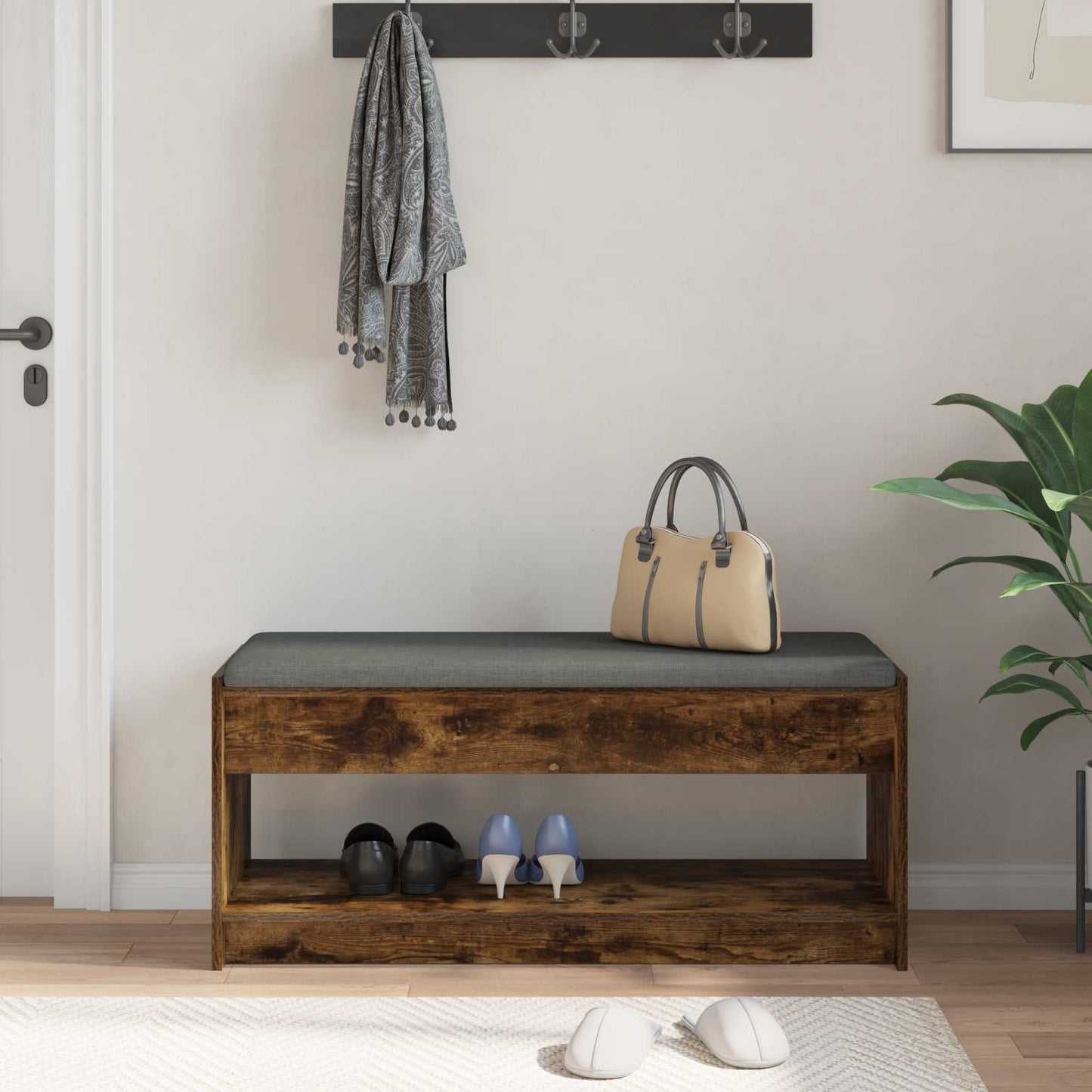 Hall Bench with Cushion with Shelf Smoked Oak 103 x 38 x 45 cm