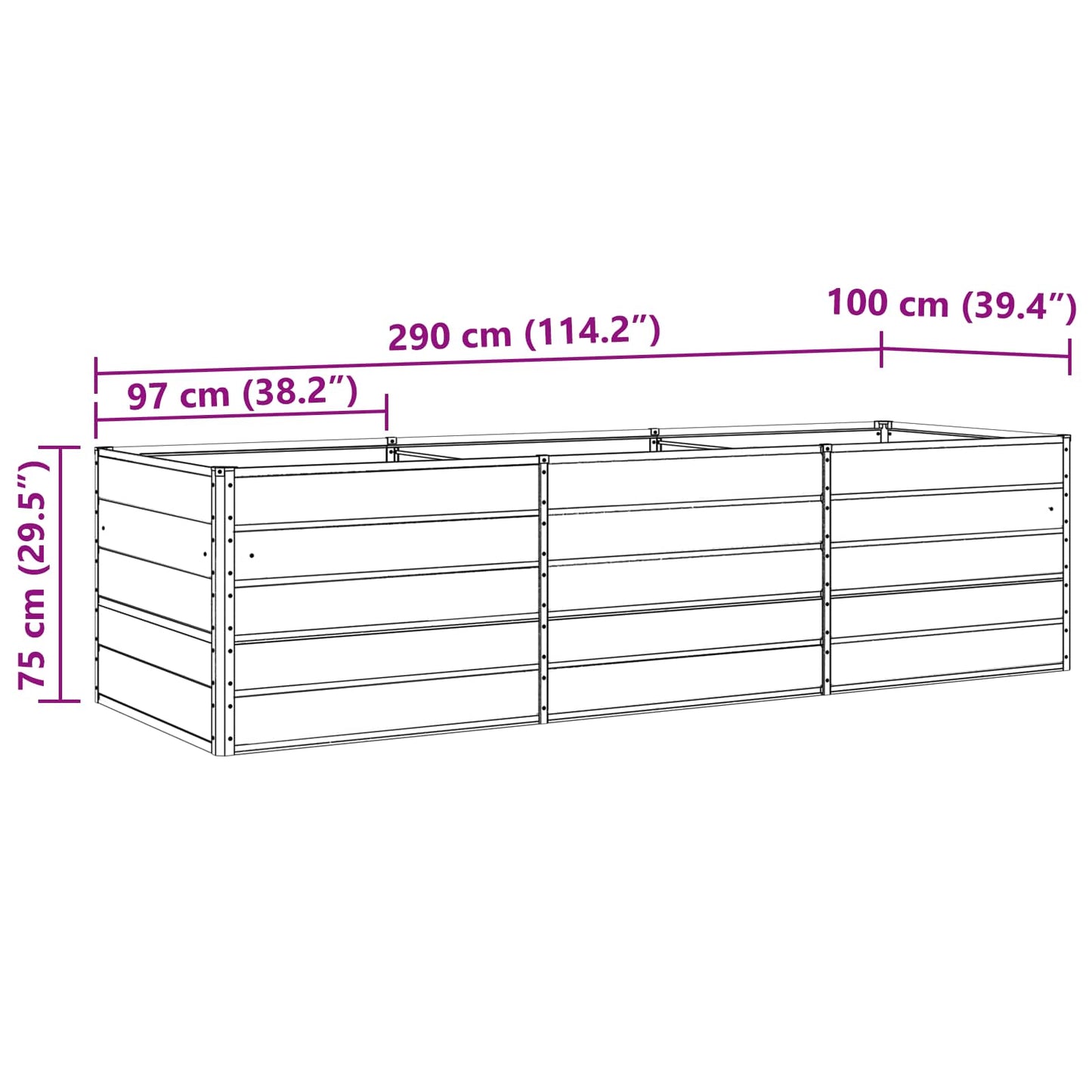 Planter Light Grey 290 x 100 x 75 cm Galvanised Steel
