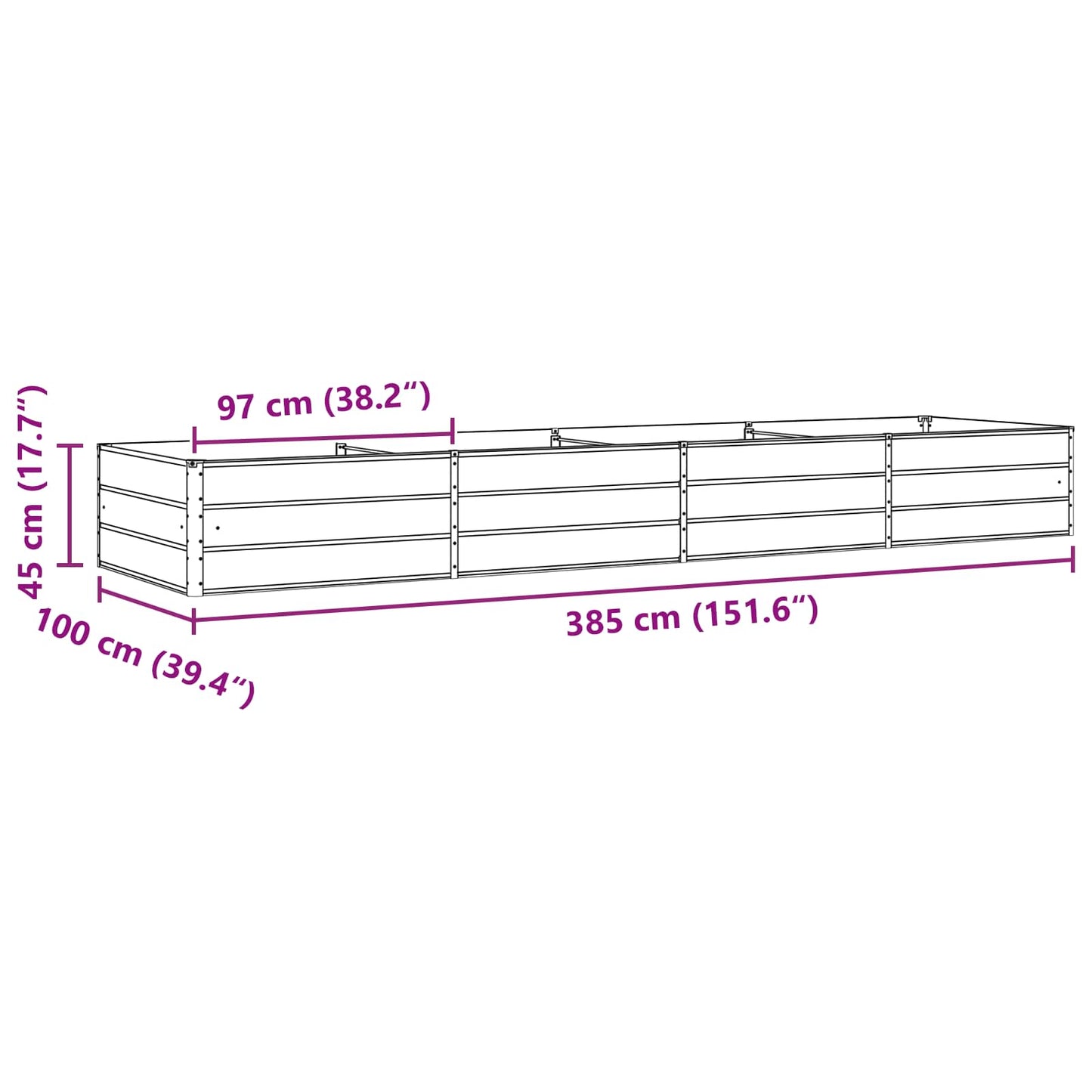 Planter Light Grey 385 x 100 x 45 cm Galvanised Steel