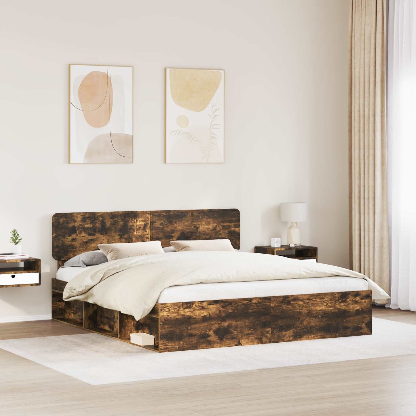 Bed Frame Smoked Oak 200 x 200 cm Solid Pine Wood