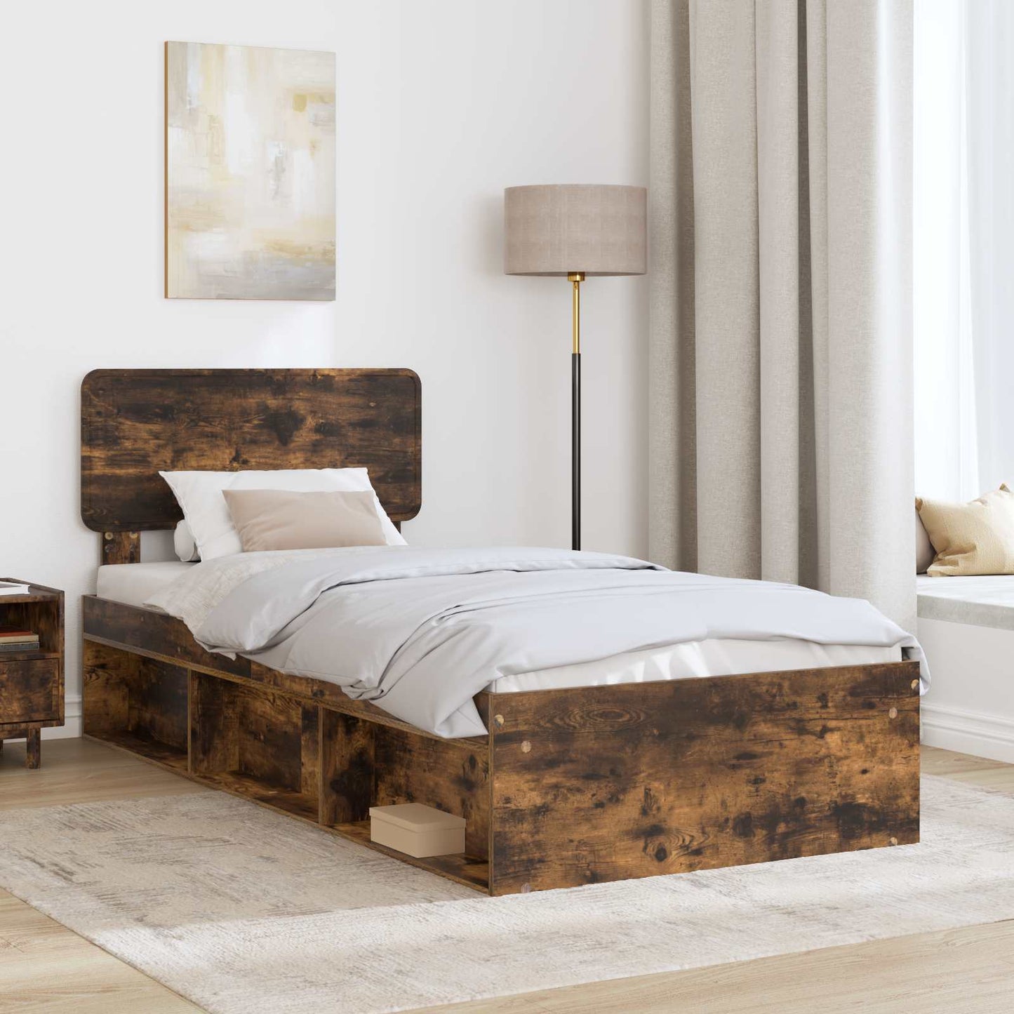 Bed Frame with Headboard Smoked Oak 90 x 200 cm Solid Pine Wood