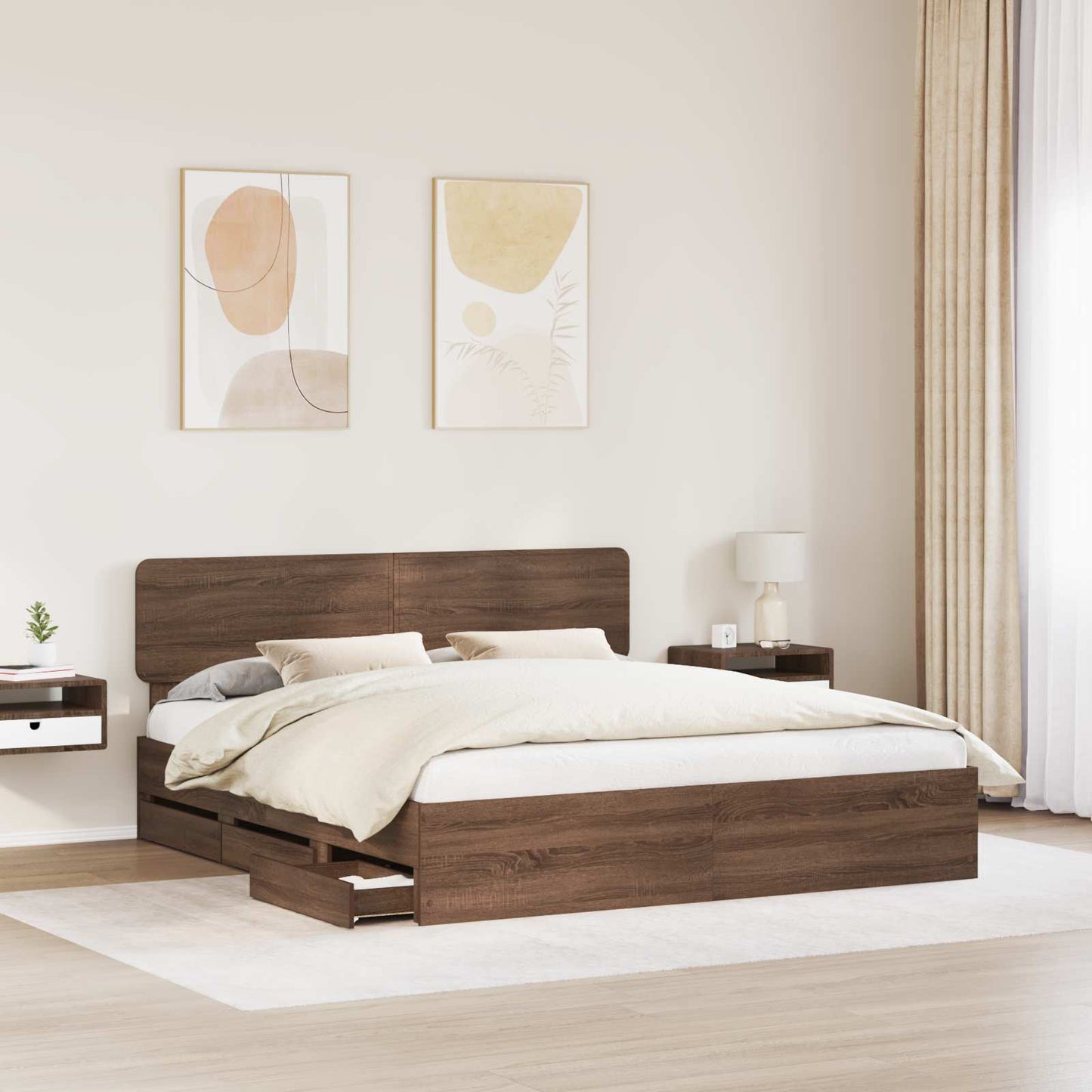 Bed Frame with Headboard Brown Oak 200 x 200 cm Engineered Wood