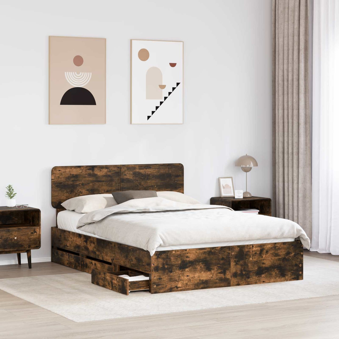 Bed Frame with Drawer Smoked Oak 160 x 200 cm Engineered Wood