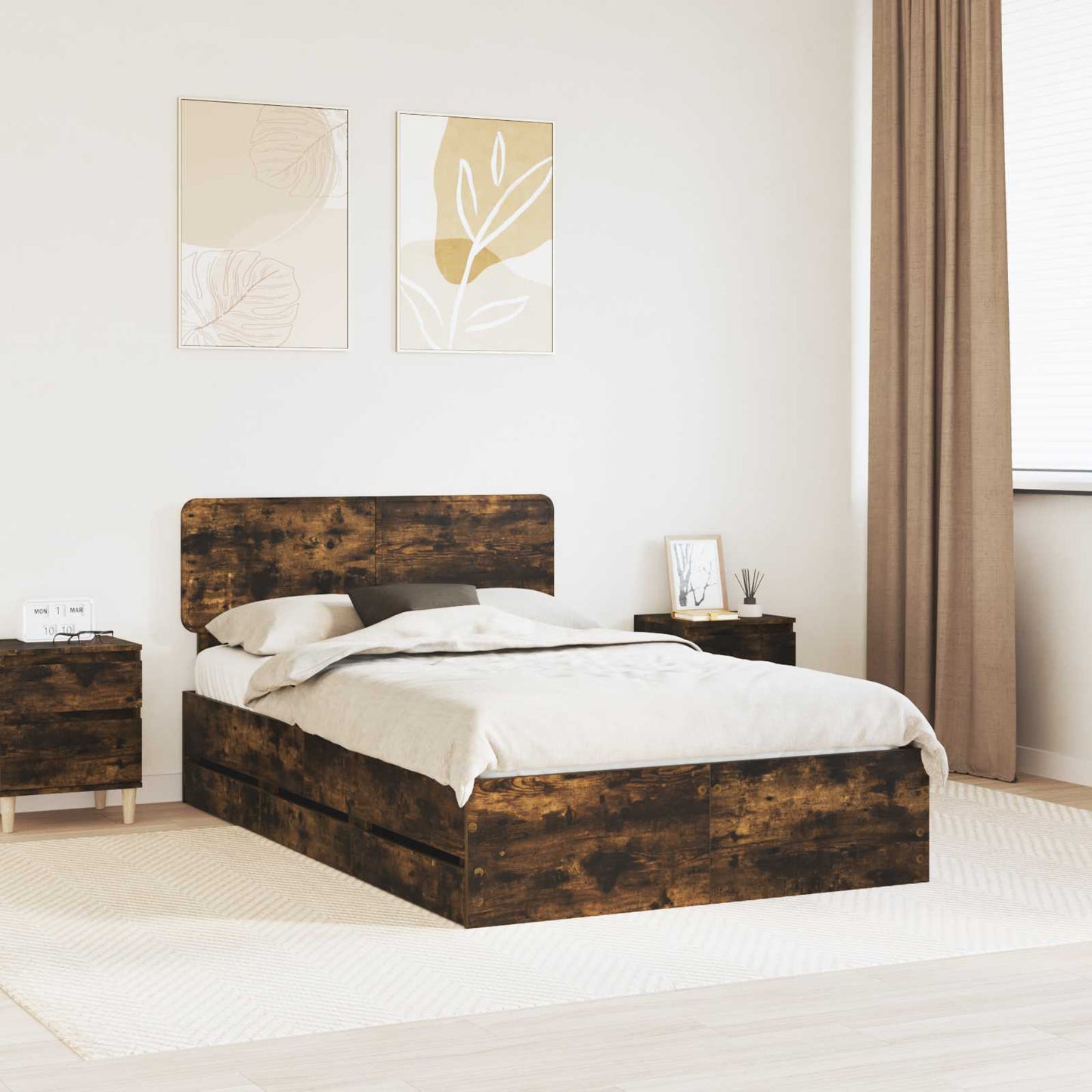 Bed Frame with Drawer Smoked Oak 135 x 190 cm Engineered Wood