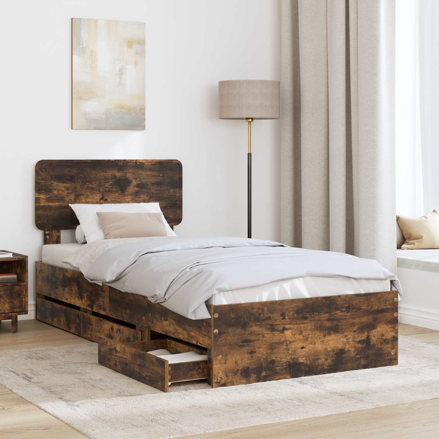 Bed Frame with Drawer Smoked Oak 75 x 190 cm Engineered Wood