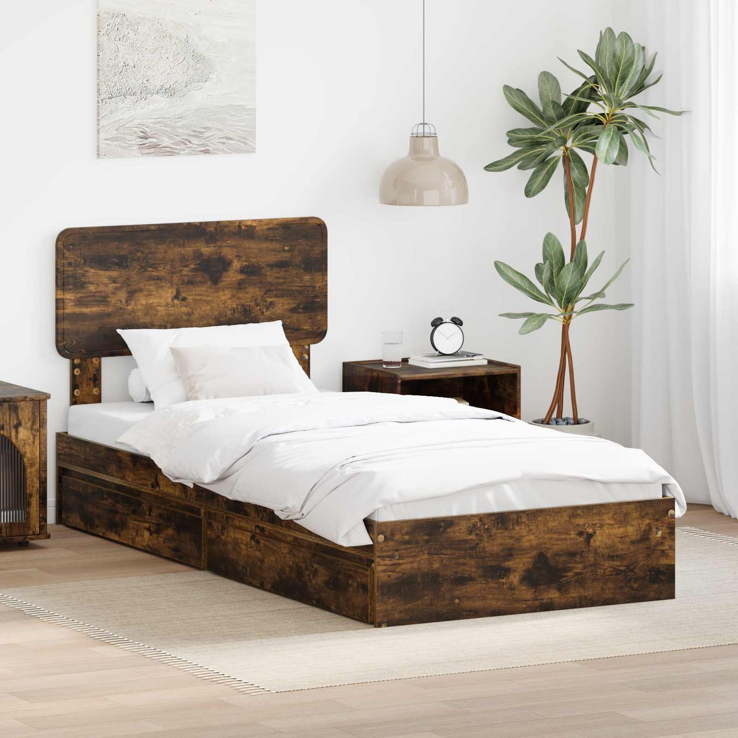 Storage Bed with Drawer Smoked Oak 100 x 200 cm Engineered Wood
