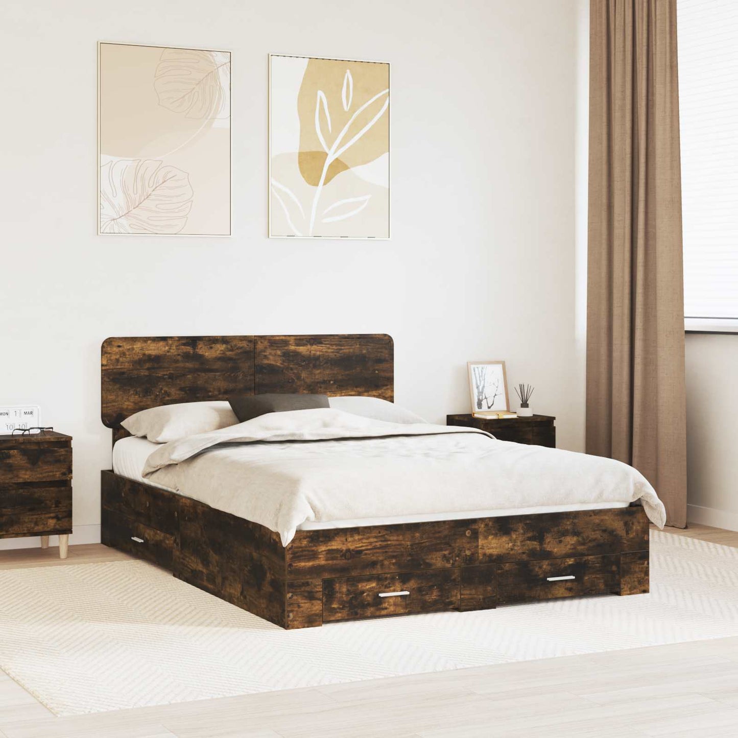 Bed Frame with Drawer Smoked Oak 150 x 200 cm Engineered Wood