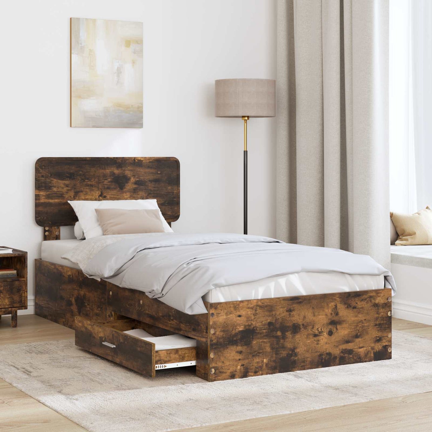Bed Frame with Headboard Smoked Oak 90 x 200 cm Engineered Wood
