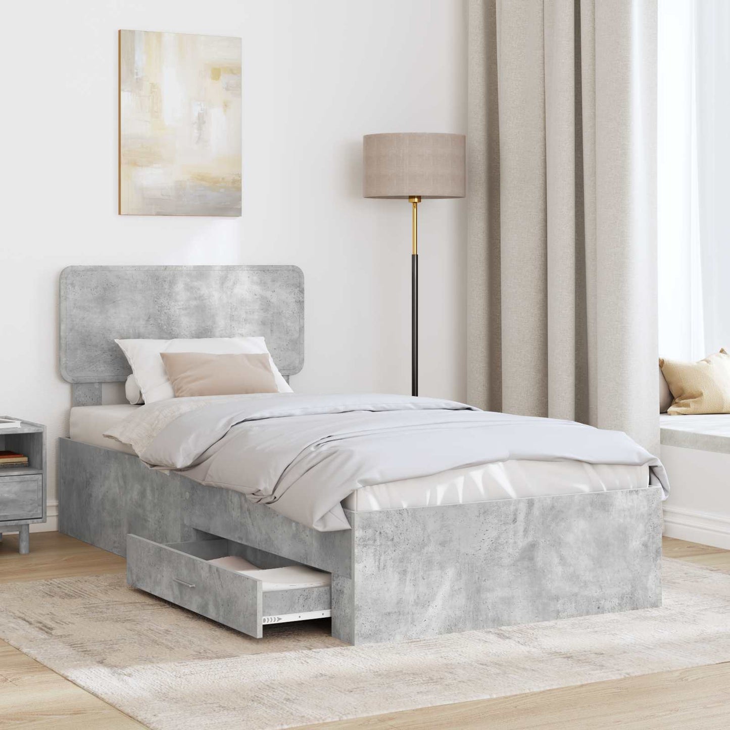 Bed Frame with Drawer Concrete Grey 70 x 190 cm Engineered Wood