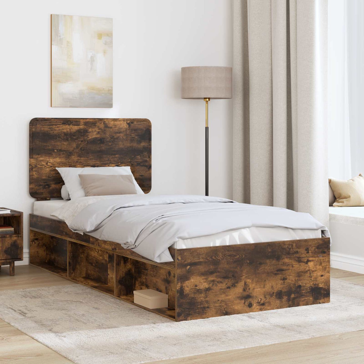 Bed Frame with Headboard Smoked Oak 90 x 190 cm Solid Pine Wood