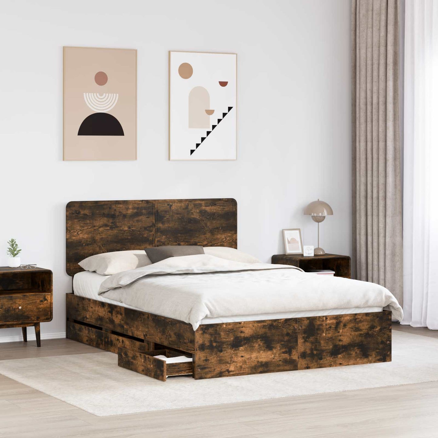 Bed Frame with Drawer Smoked Oak 150 x 200 cm Engineer Wood