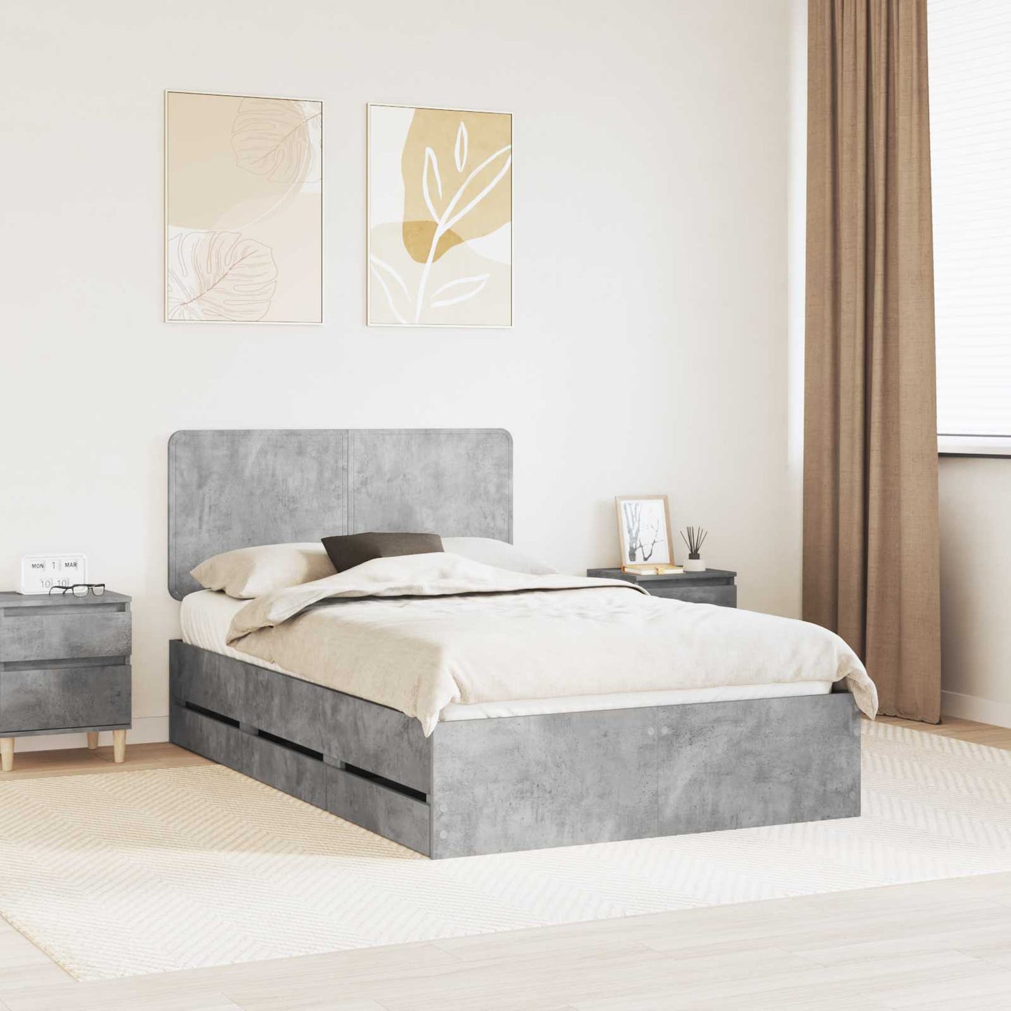 Bed Frame with Drawer Concrete Grey 135 x 190 cm Engineer Wood