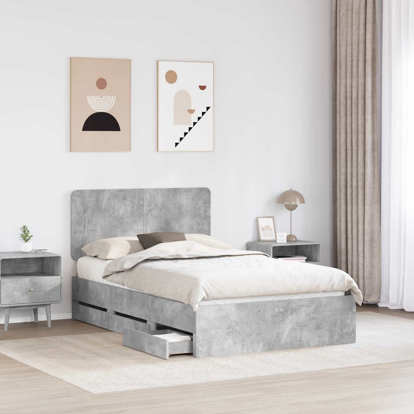 Bed Frame with Drawer Concrete Grey 135 x 190 cm Engineer Wood