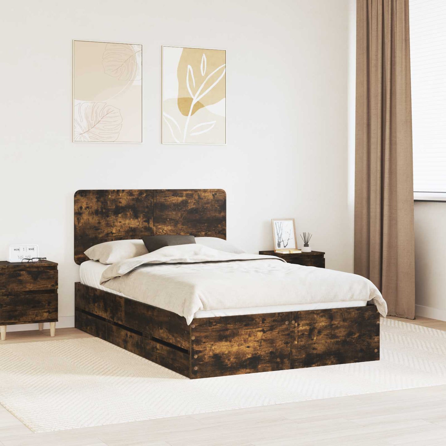 Bed Frame with Drawer Smoked Oak 135 x 190 cm Engineer Wood