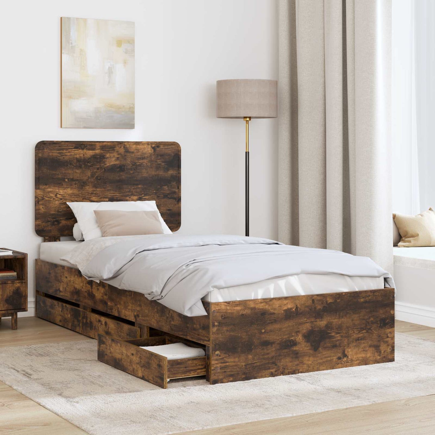 Bed Frame with Drawer Smoked Oak 90 x 190 cm Engineer Wood