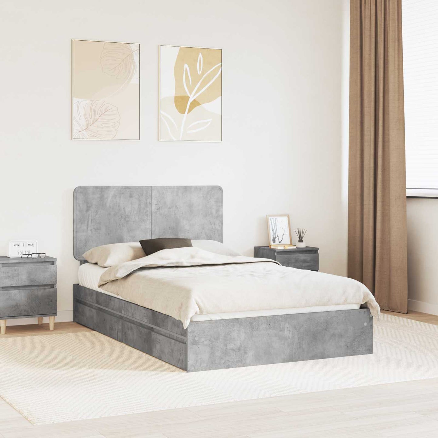 Storage Bed Concrete Grey 135 x 190 cm Engineered Wood