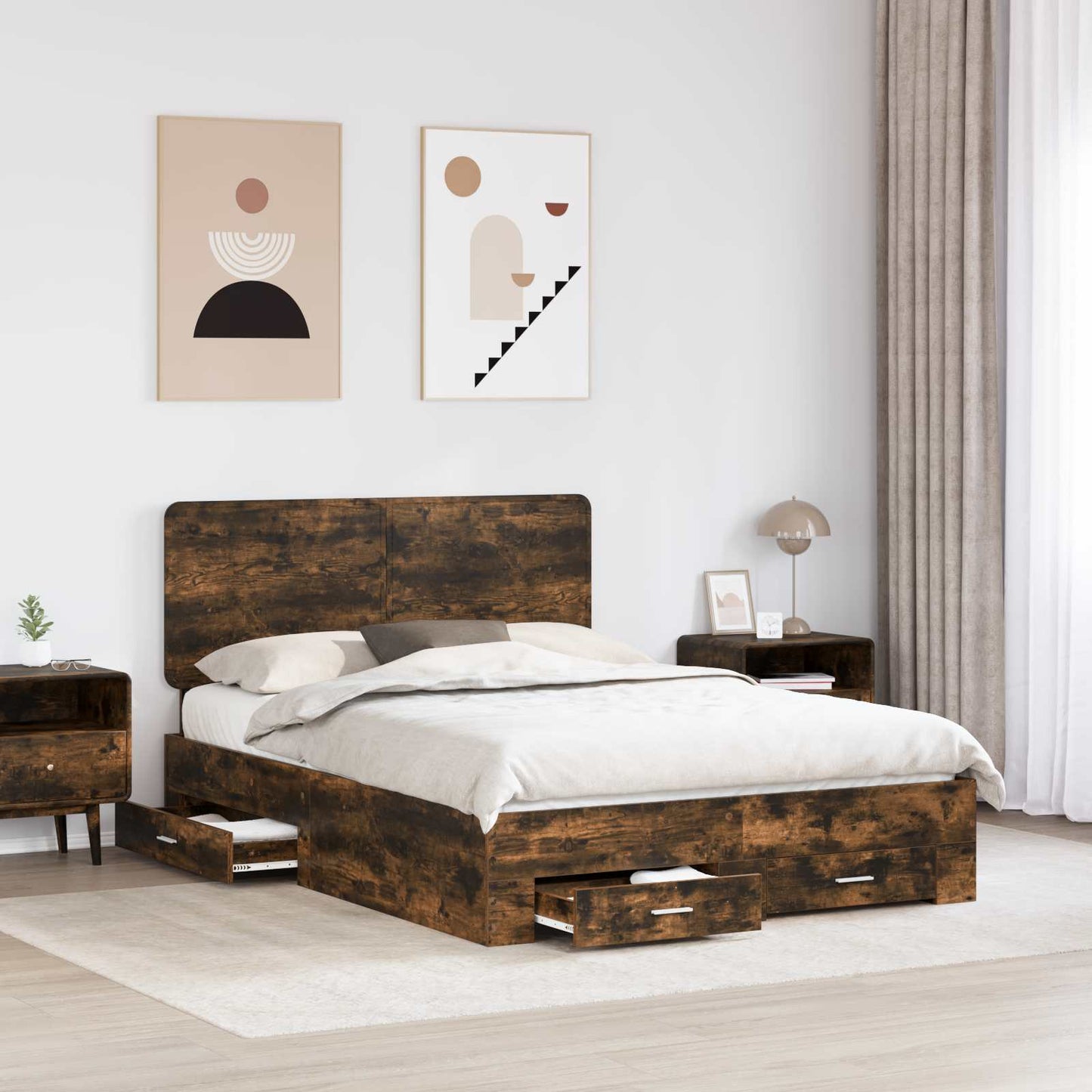 Bed Frame with Drawer Smoked Oak 140 x 190 cm Engineered Wood