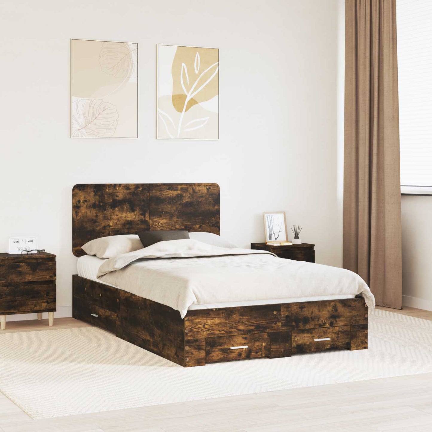 Bed Frame with Drawer Smoked Oak 120 x 190 cm Engineered Wood