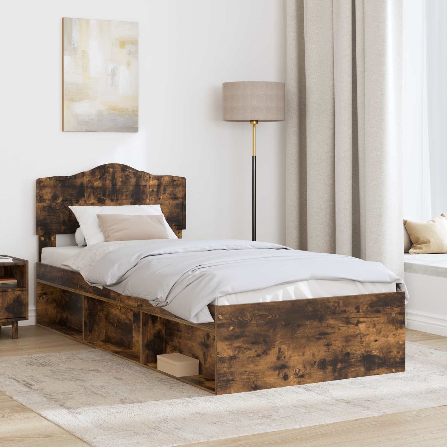 Bed Frame with Headboard Smoked Oak 90 x 200 cm Solid Pine Wood
