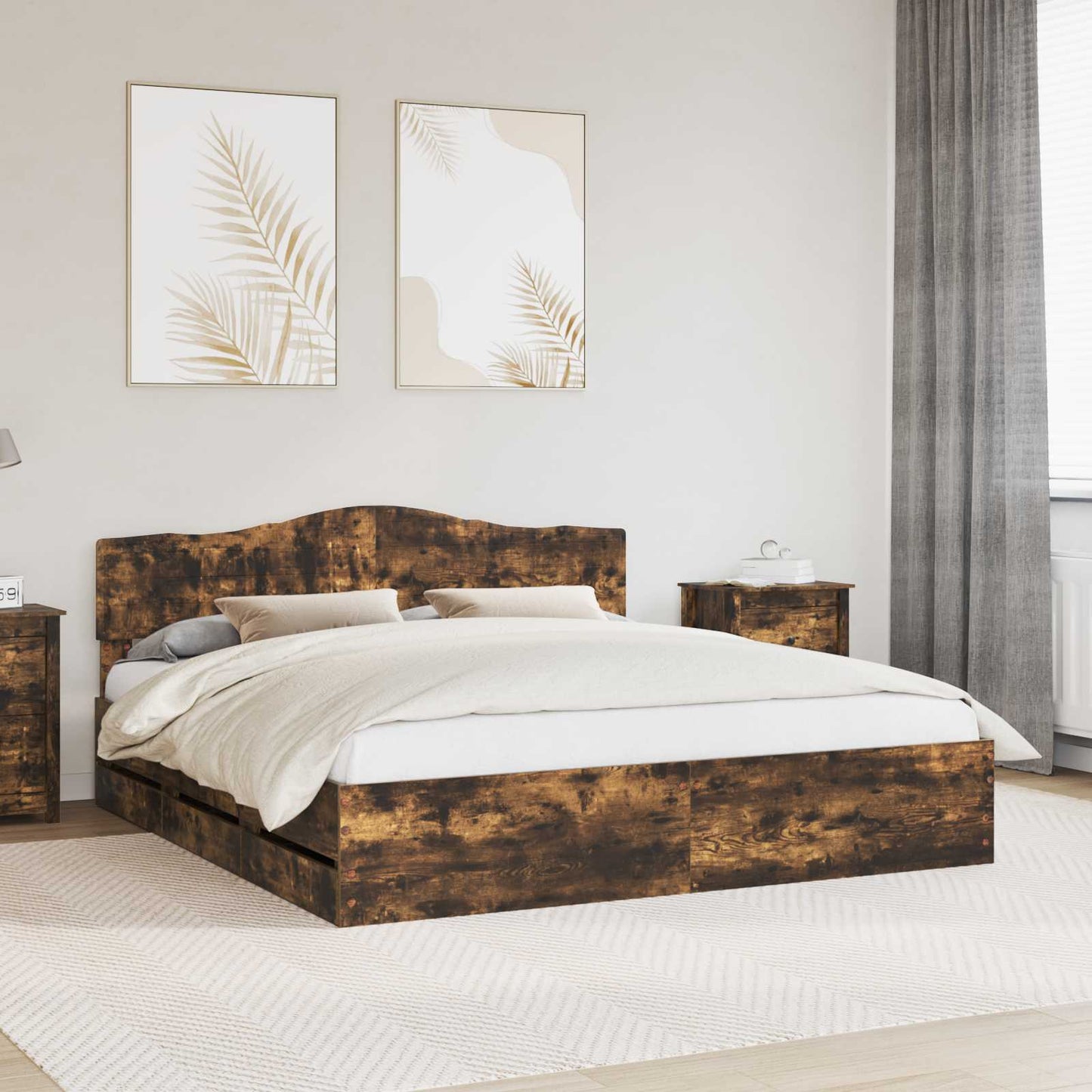 Bed Frame with Drawer Smoked Oak 180 x 200 cm Engineer Wood