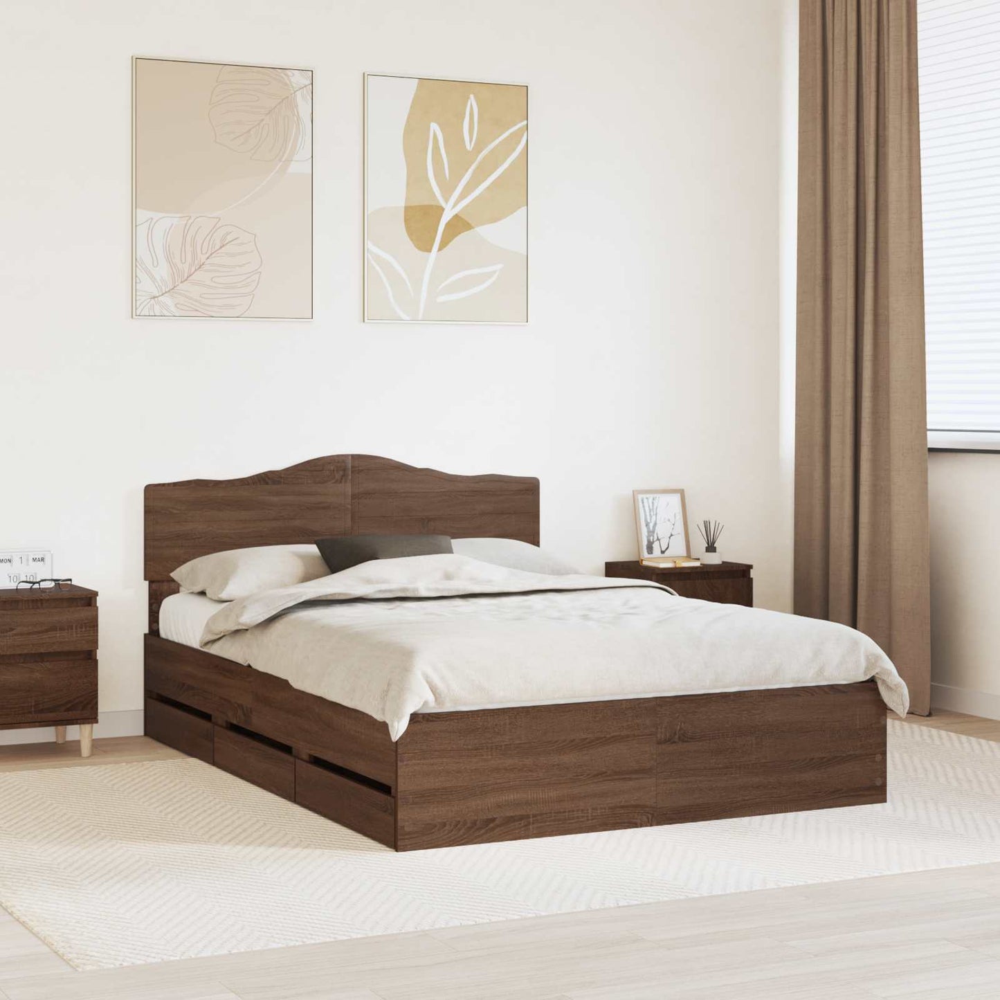 Bed Frame with Drawer Brown Oak 150 x 200 cm Engineer Wood