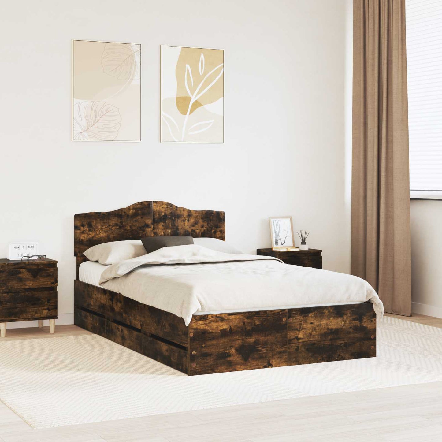Bed Frame with Drawer Smoked Oak 135 x 190 cm Engineer Wood